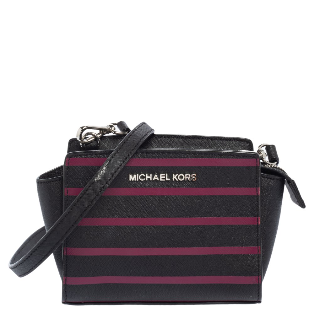 Michael Kors Black/Pink Saffiano Leather Mini Selma Crossbody Bag