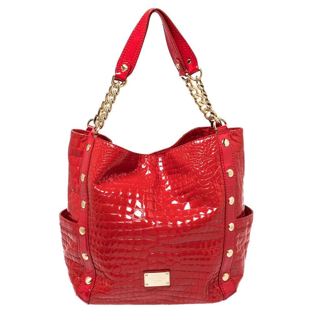 Michael Kors Red Croc Embossed Patent Leather Delancy Tote