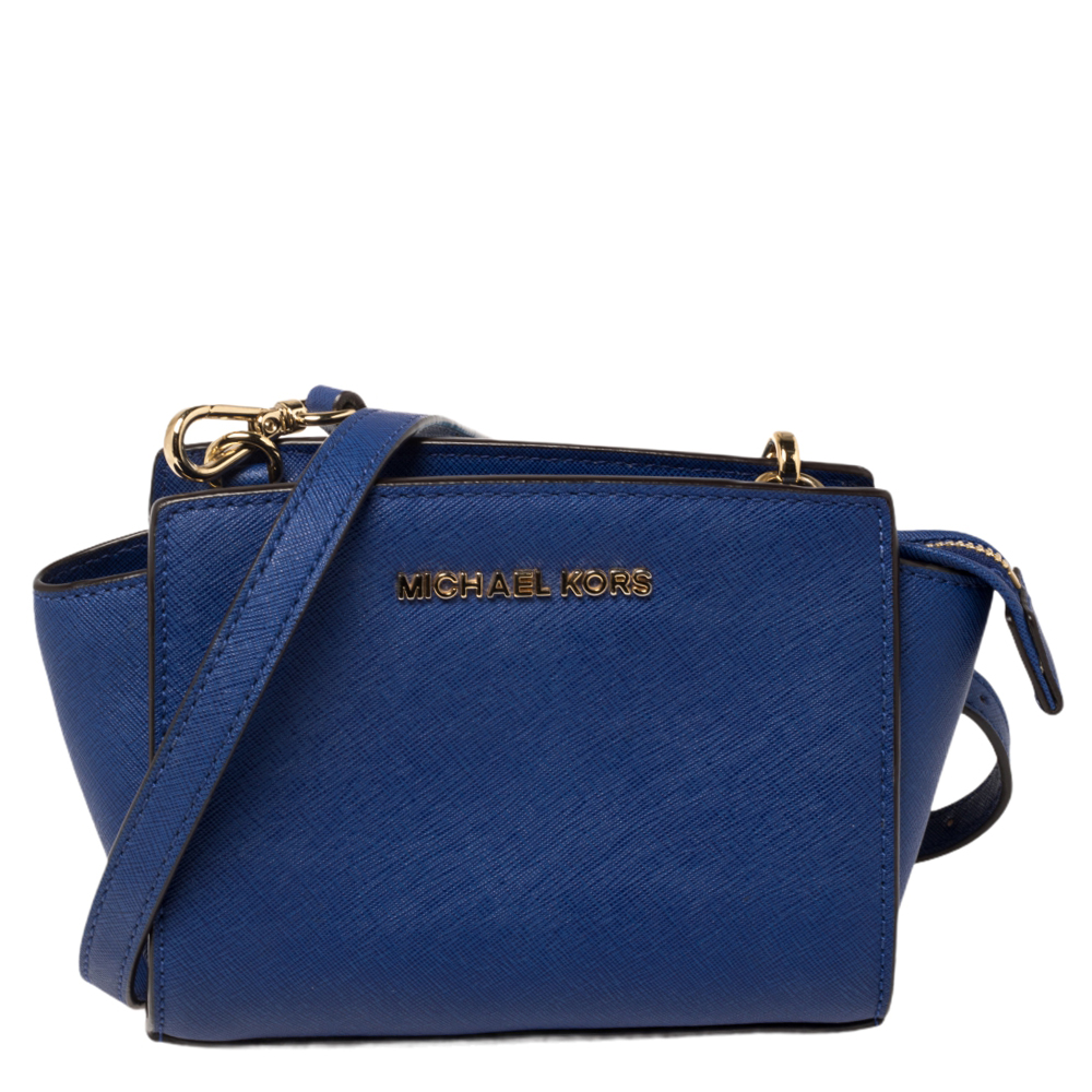 Michael Kors Blue Saffiano Leather Mini Selma Crossbody Bag