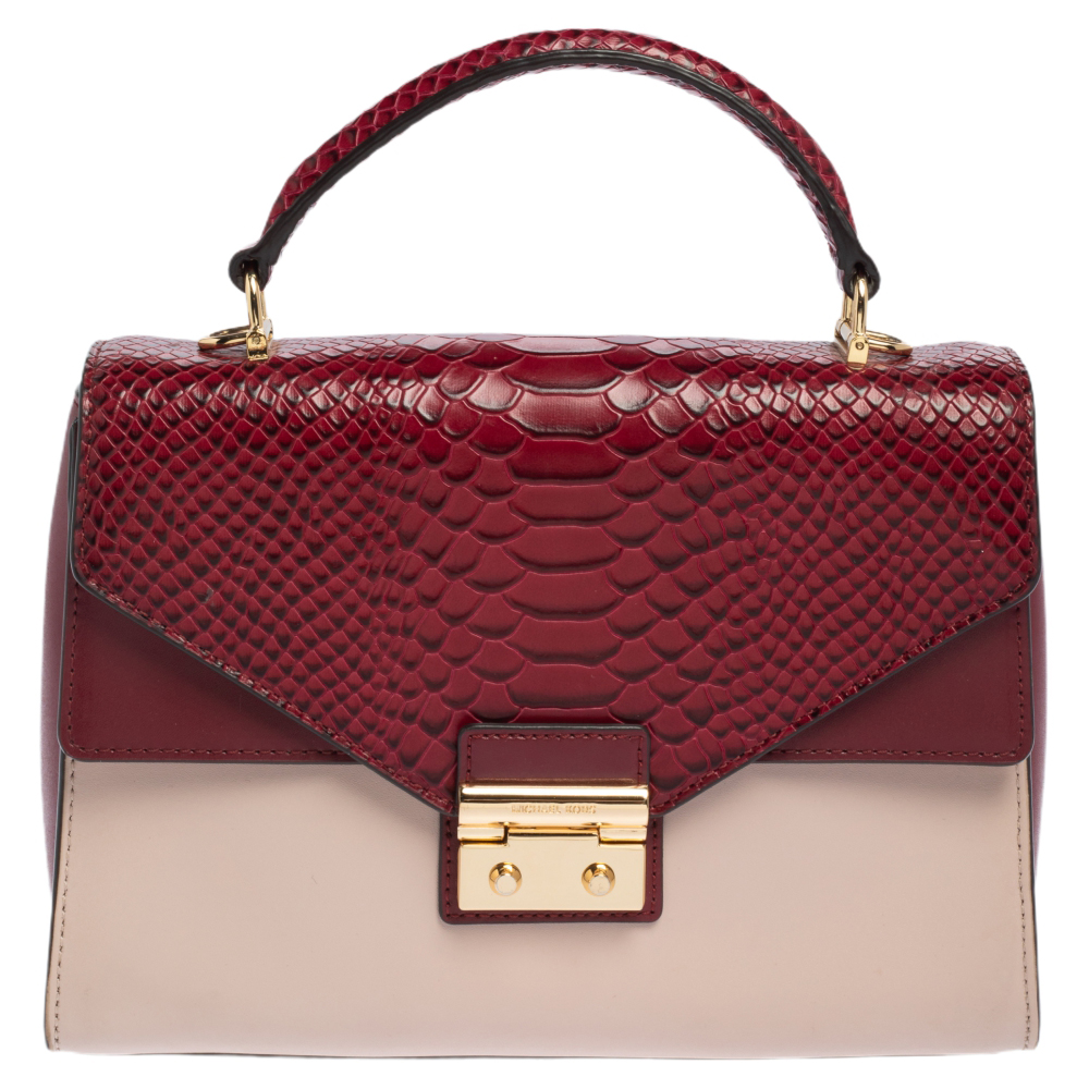 Michael Kors Beige/Burgundy Python Embossed Leather, and Leather Sloan Top Handle Bag
