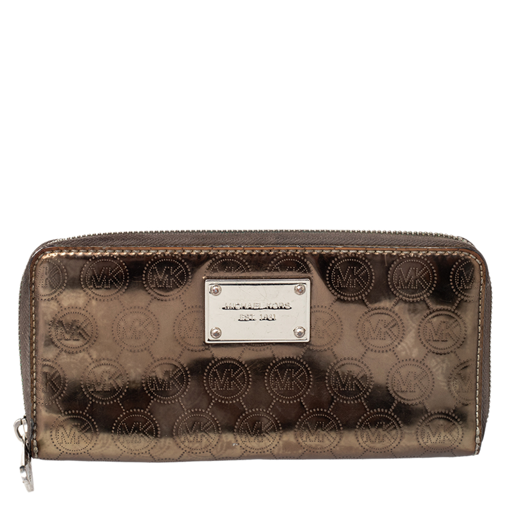 Michael Kors Metallic Gold Leather Jet Set Zip Around Wallet