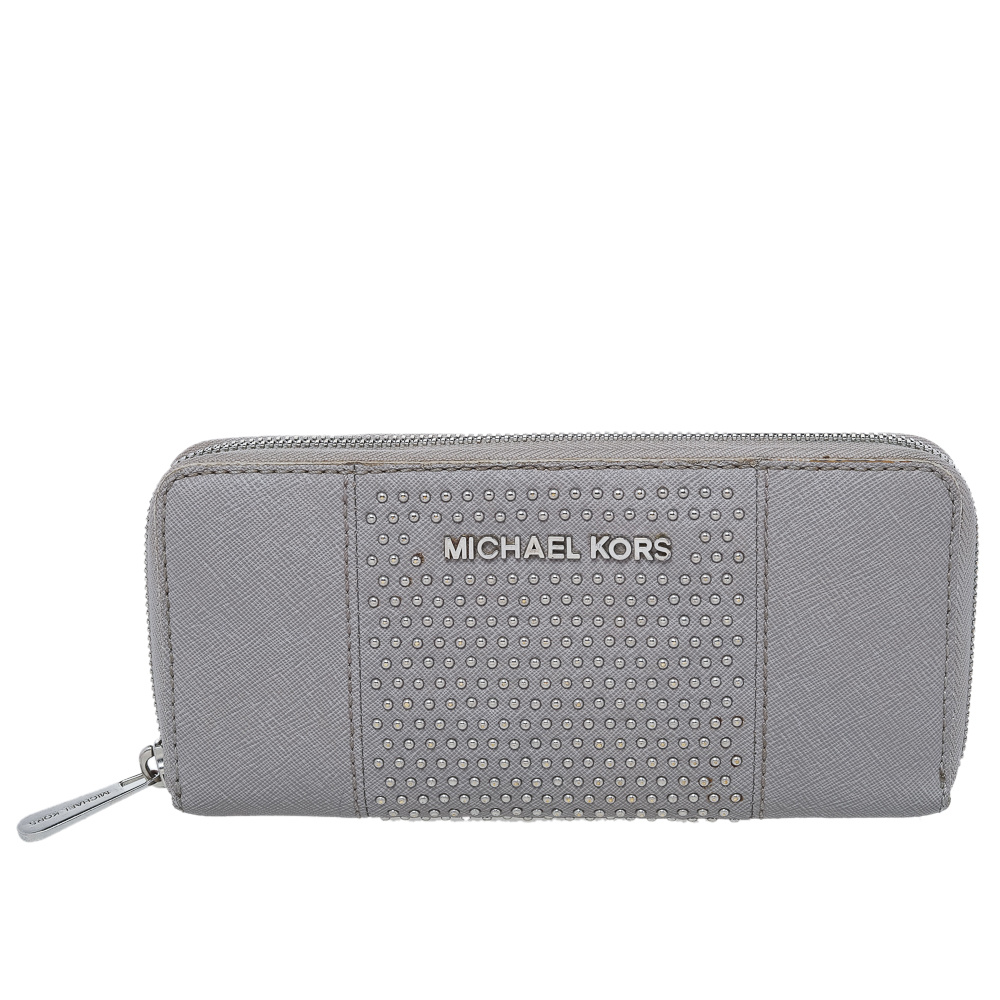 Michael Kors Grey Saffiano Leather Micro Stud Travel Zip Around Wallet