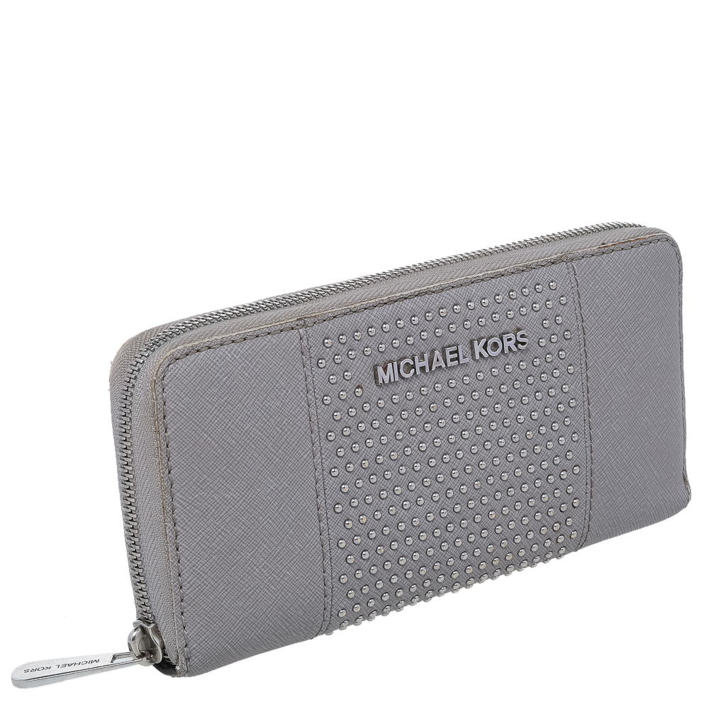 Michael Kors Grey Saffiano Leather Micro Stud Travel Zip Around Wallet