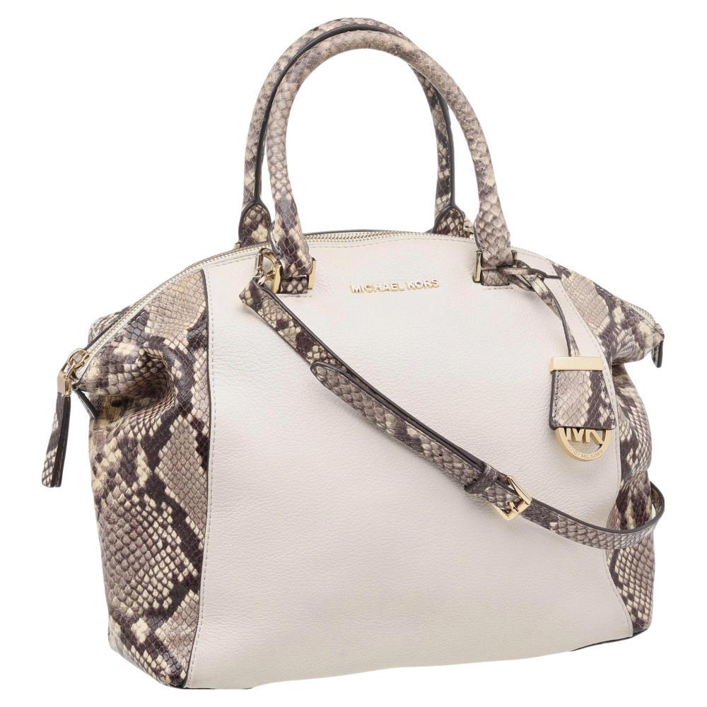 Michael Michael Kors Beige-Black Python Embossed Leather And Leather Large Riley Satchel