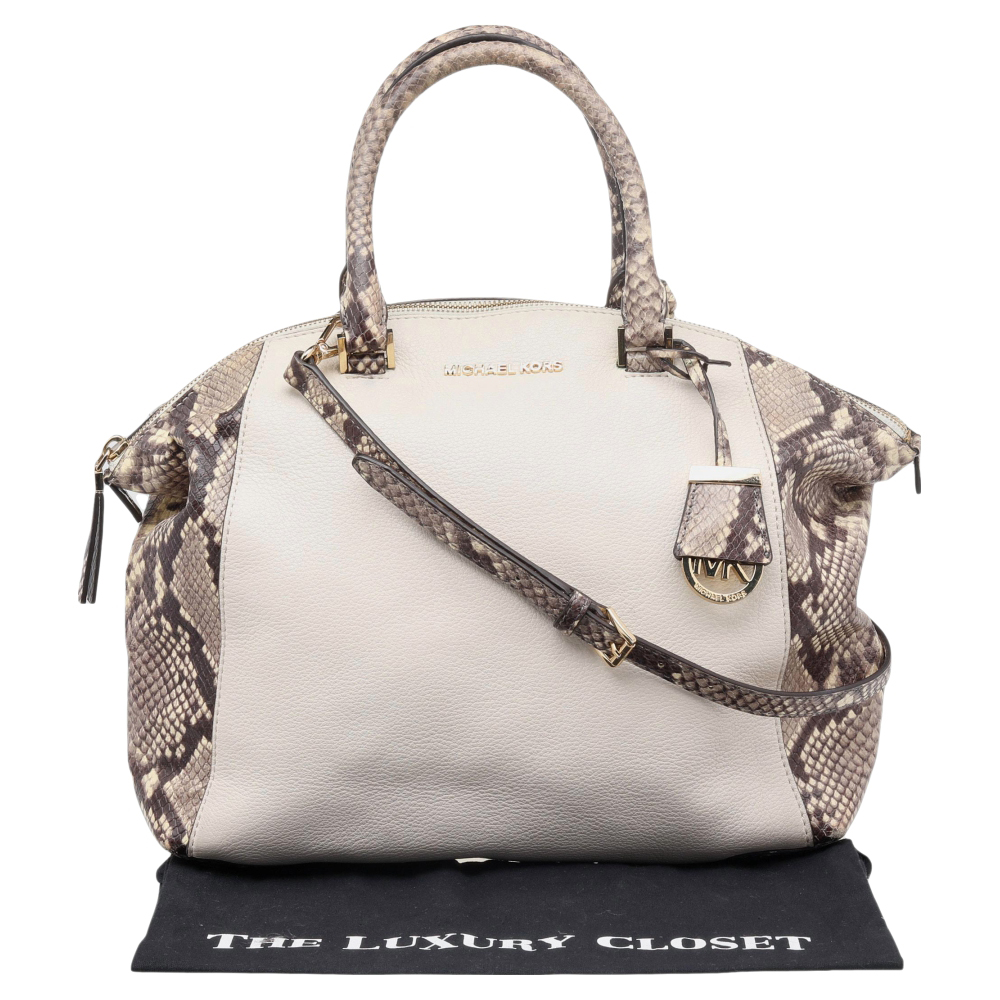 Michael Michael Kors Beige-Black Python Embossed Leather And Leather Large Riley Satchel