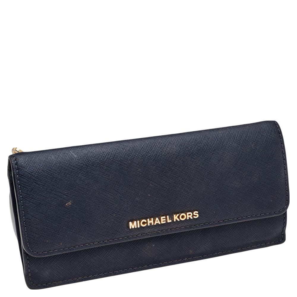 Michael Kors Navy Blue Saffiano Leather Jet Set Travel Flat Wallet