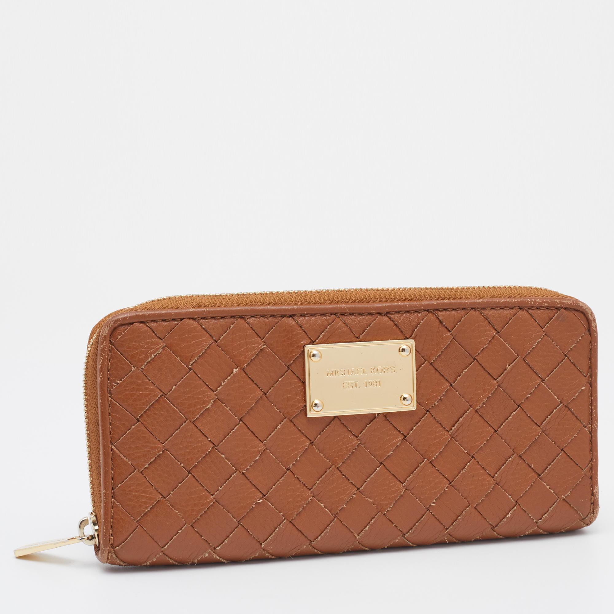 Michael Kors Tan Leather Woven Zip Around Wallet