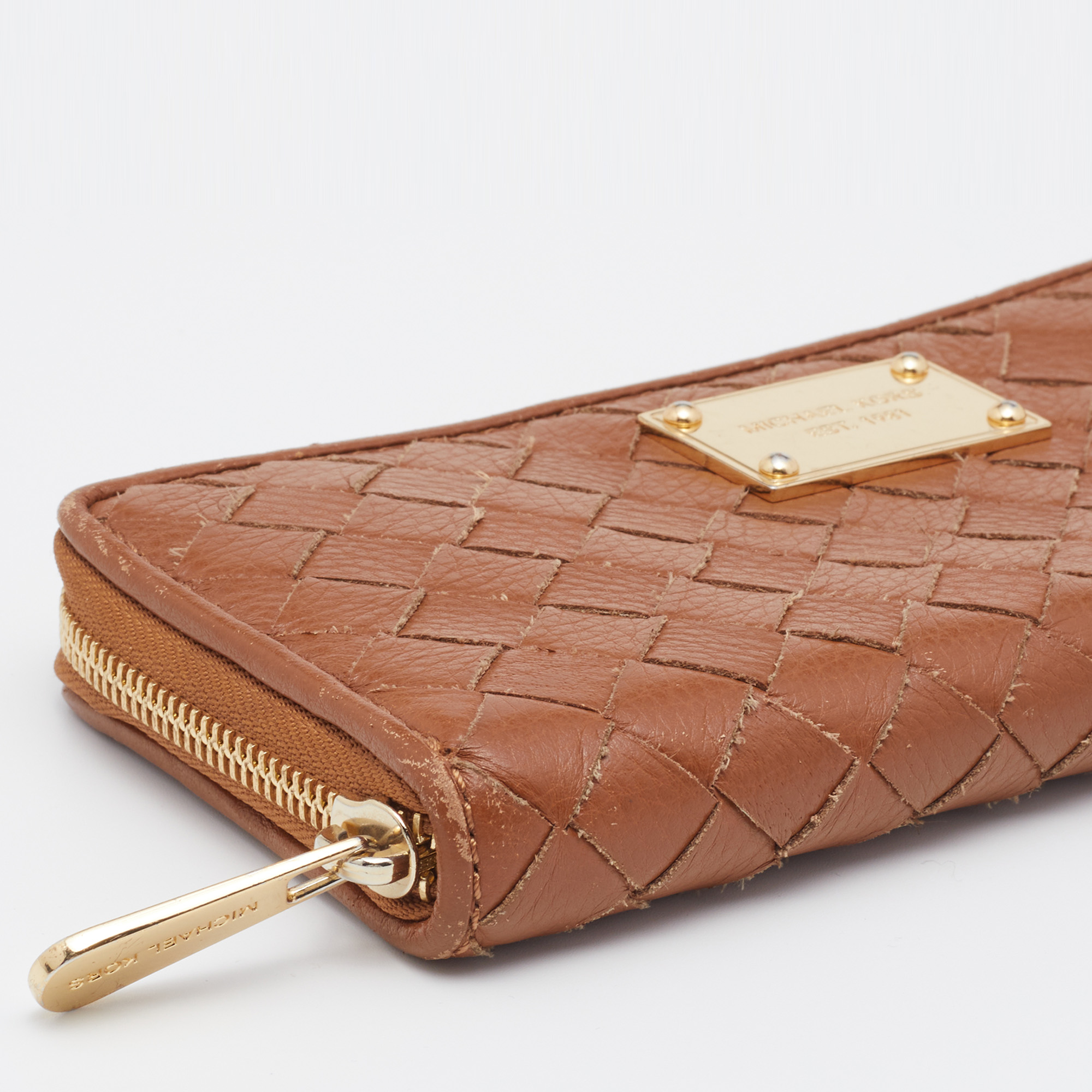 Michael Kors Tan Leather Woven Zip Around Wallet