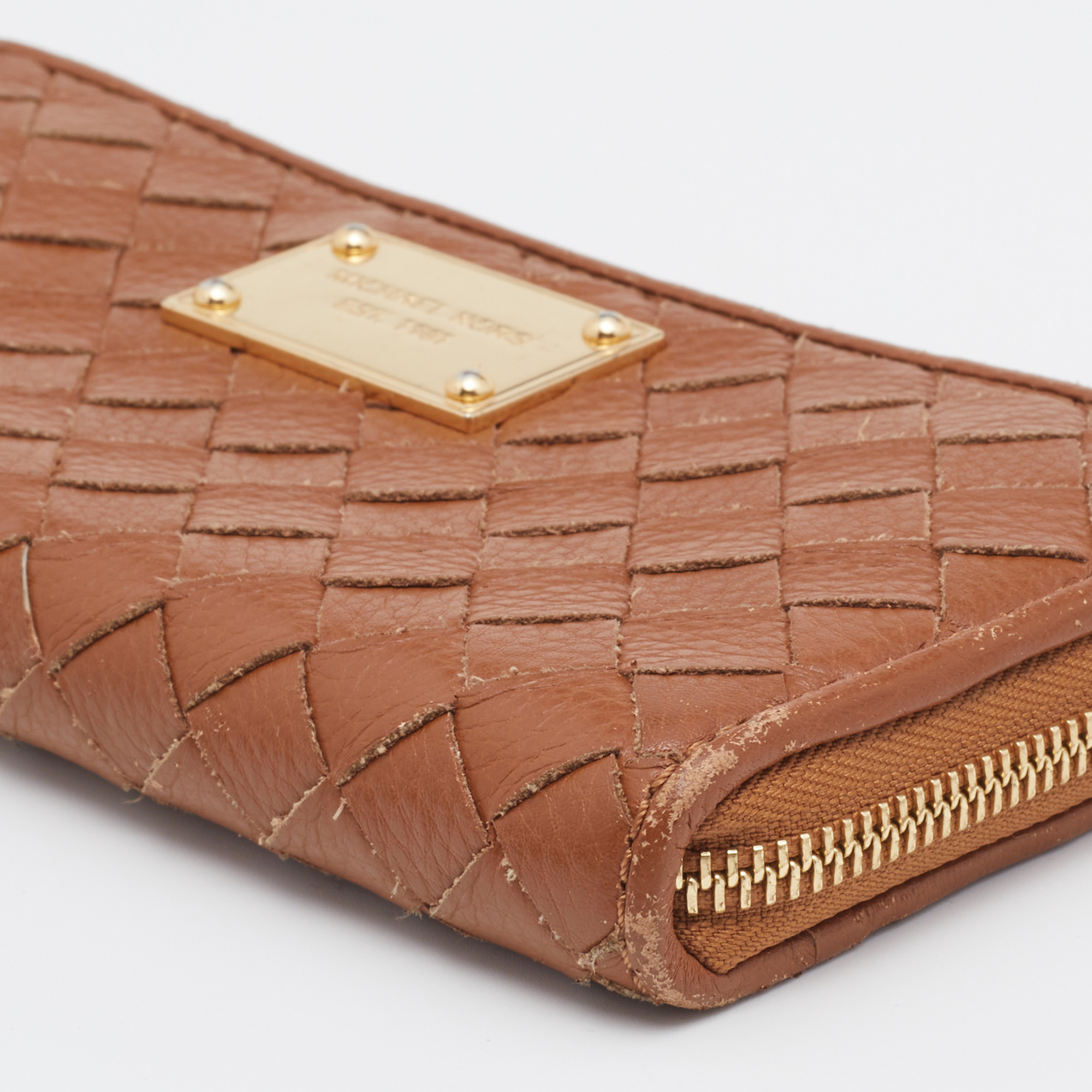 Michael Kors Tan Leather Woven Zip Around Wallet