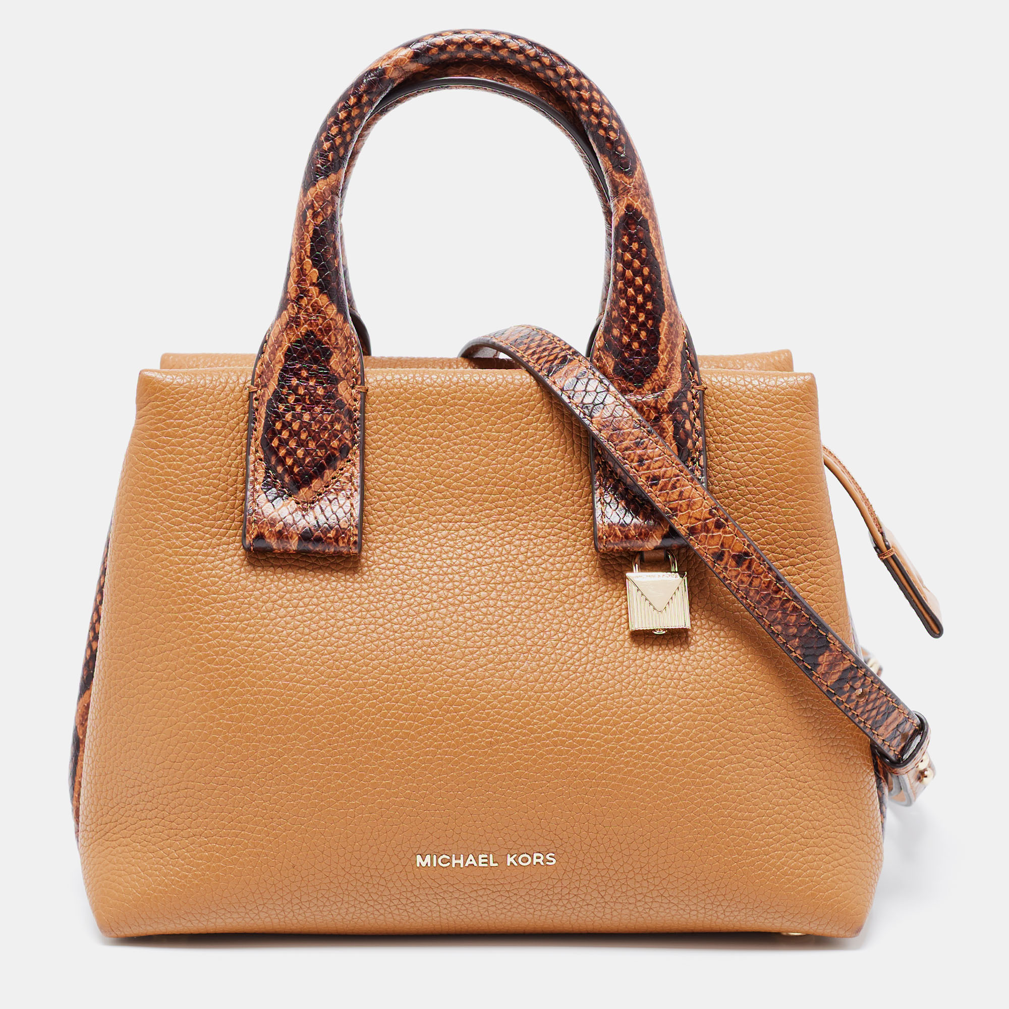 Michael Kors Brown Python Embossed and Leather Rollins Tote