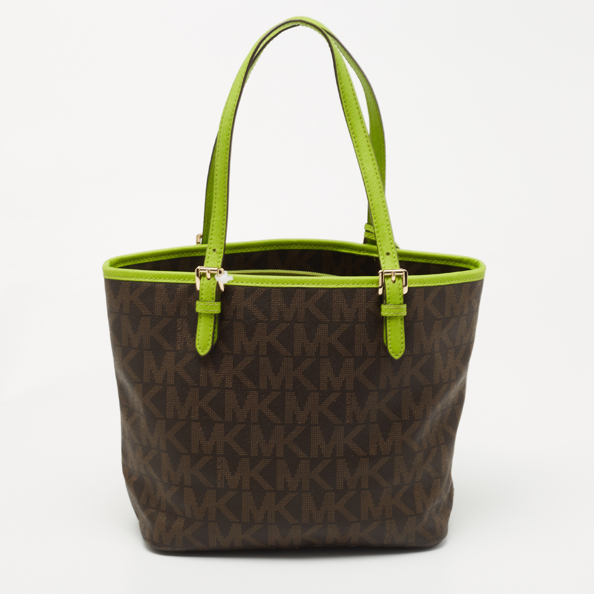 Michael Kors Brown/Green Signature Coated Canvas And Leather Medium Snap Pocket Tote