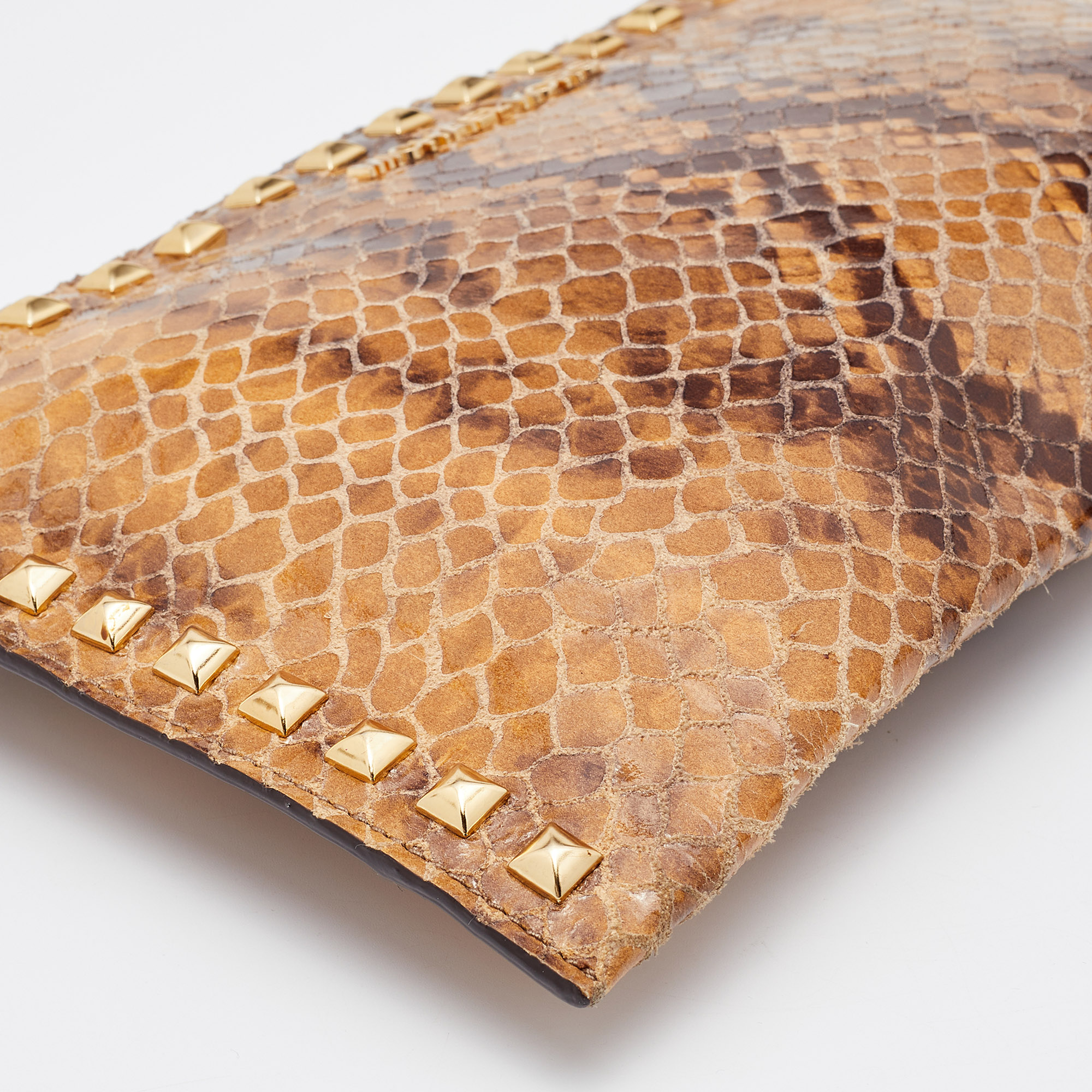 Michael Kors Brown Snakeskin Embossed Leather Studded Sandrine Clutch