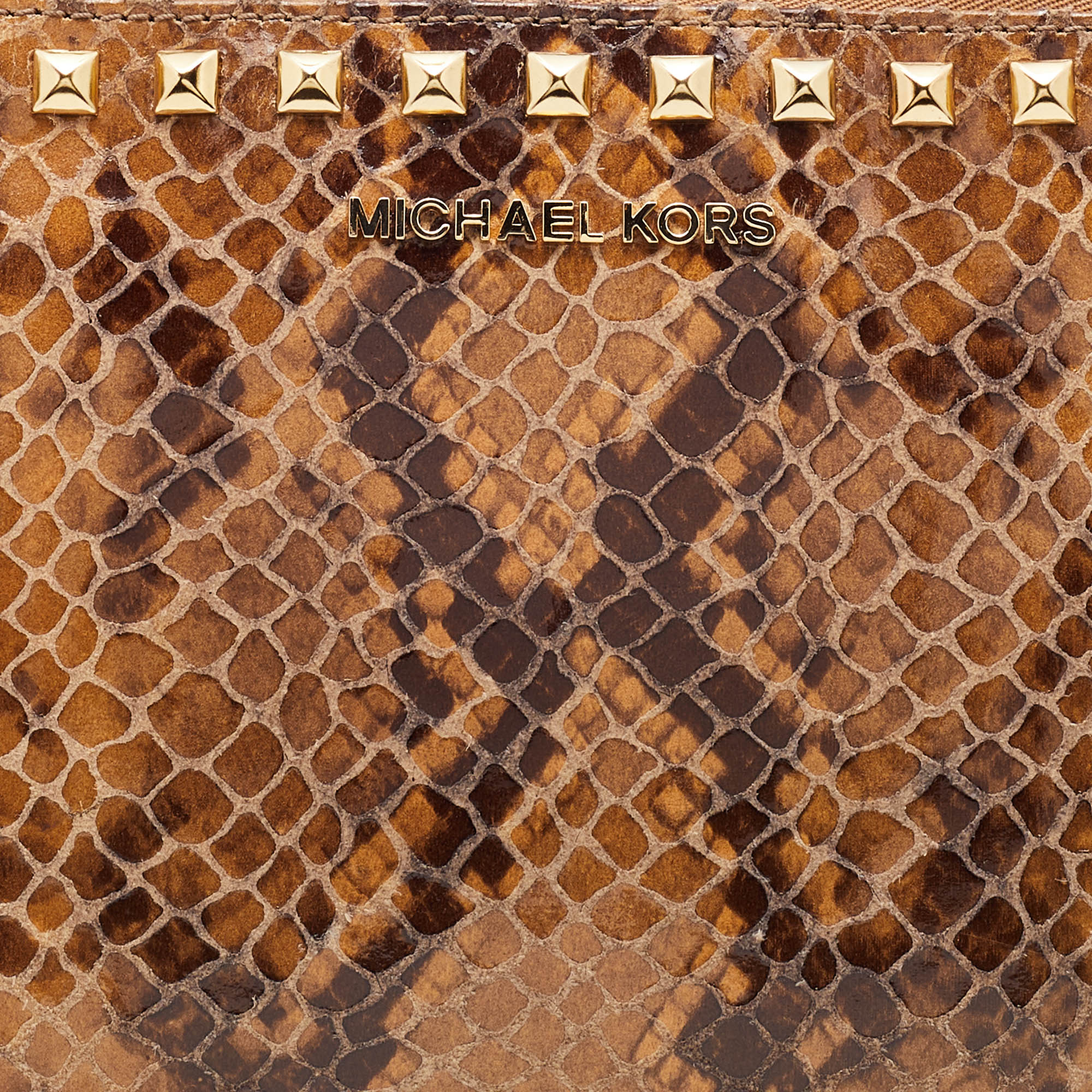Michael Kors Brown Snakeskin Embossed Leather Studded Sandrine Clutch