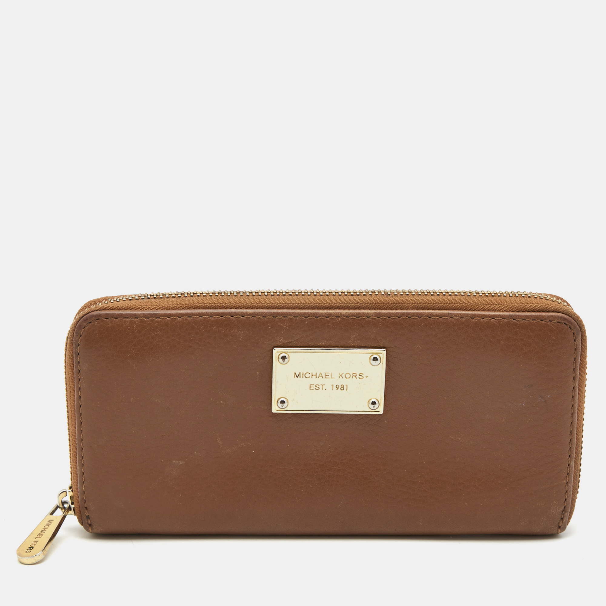 Michael Kors Brown Leather Logo Zip Around Continental Wallet