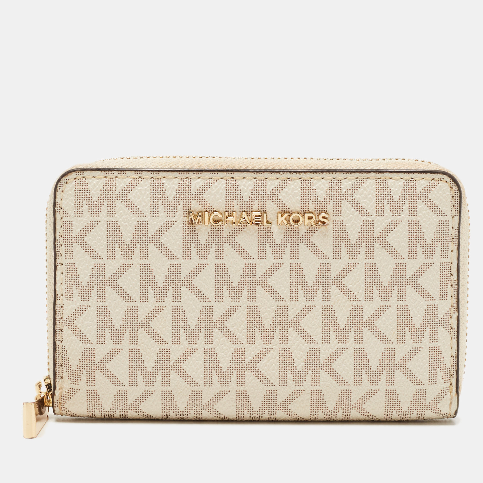 Michael Kors Off White/Grey Signature Coated Canvas Compact Zip Wallet