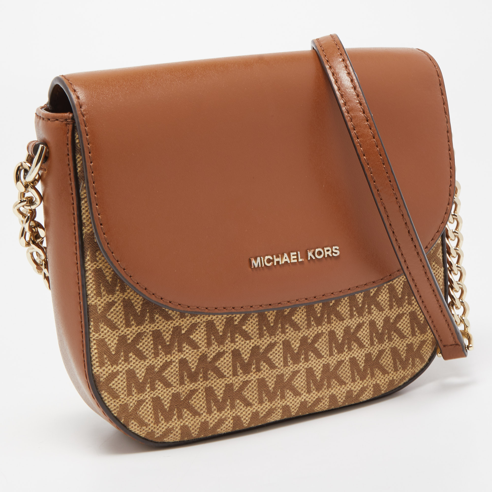 Michael Kors Brown/Beige Signature Canvas And Faux Leather Dome Crossbody Bag