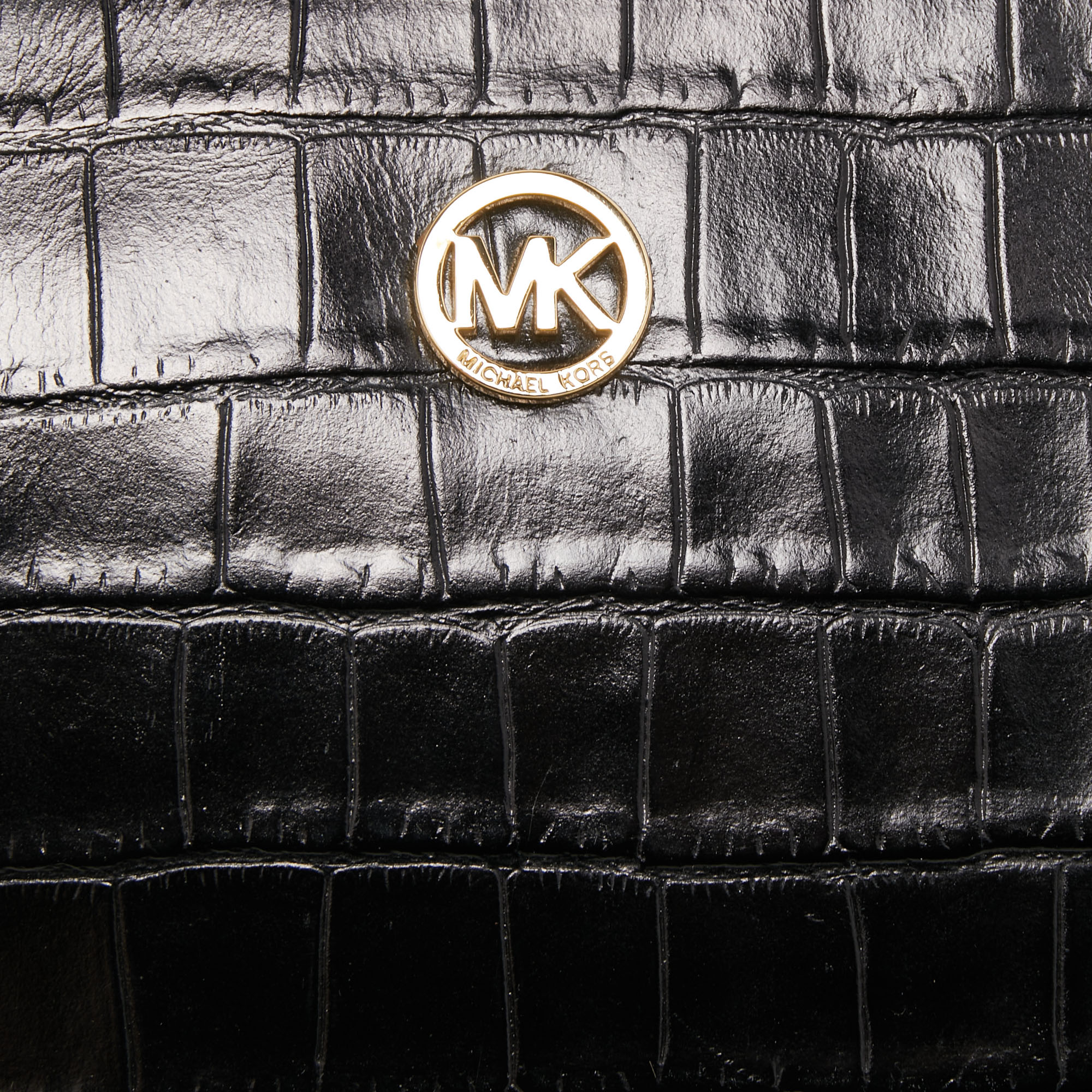 Michael Kors Black Croc Embossed Leather Wristlet Clutch