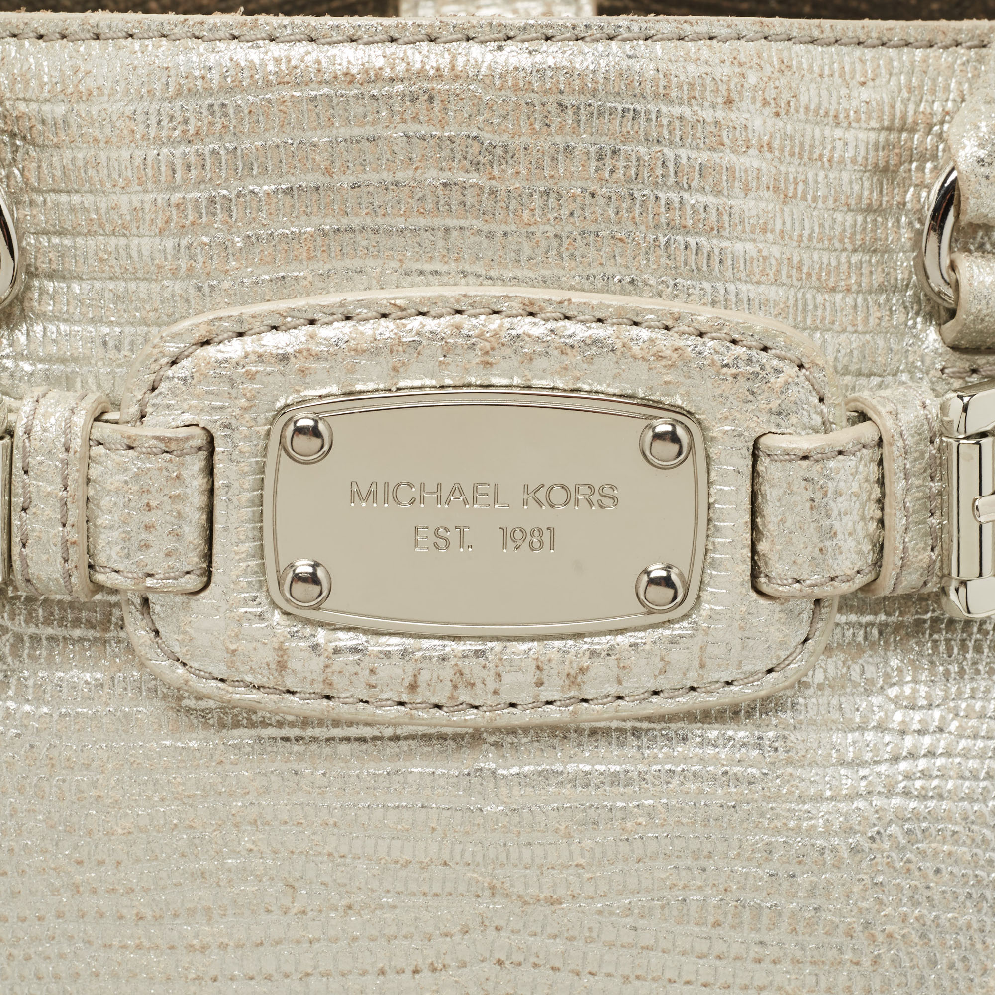 Michael Kors Silver Lizard Embossed Leather East West Hamilton Tote