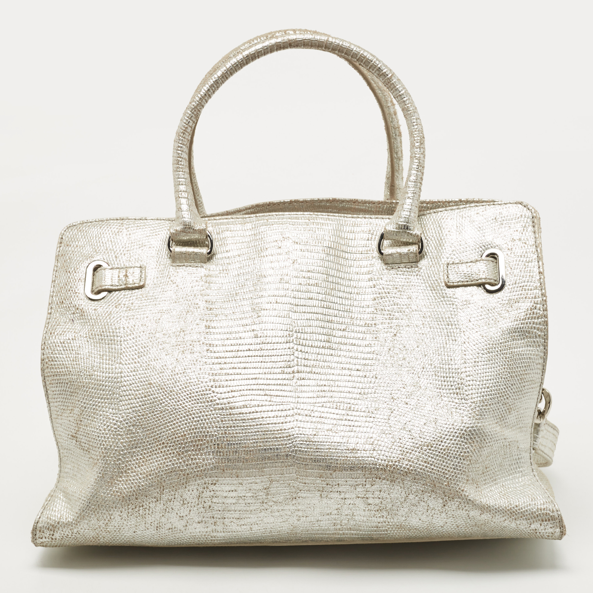 Michael Kors Silver Lizard Embossed Leather East West Hamilton Tote