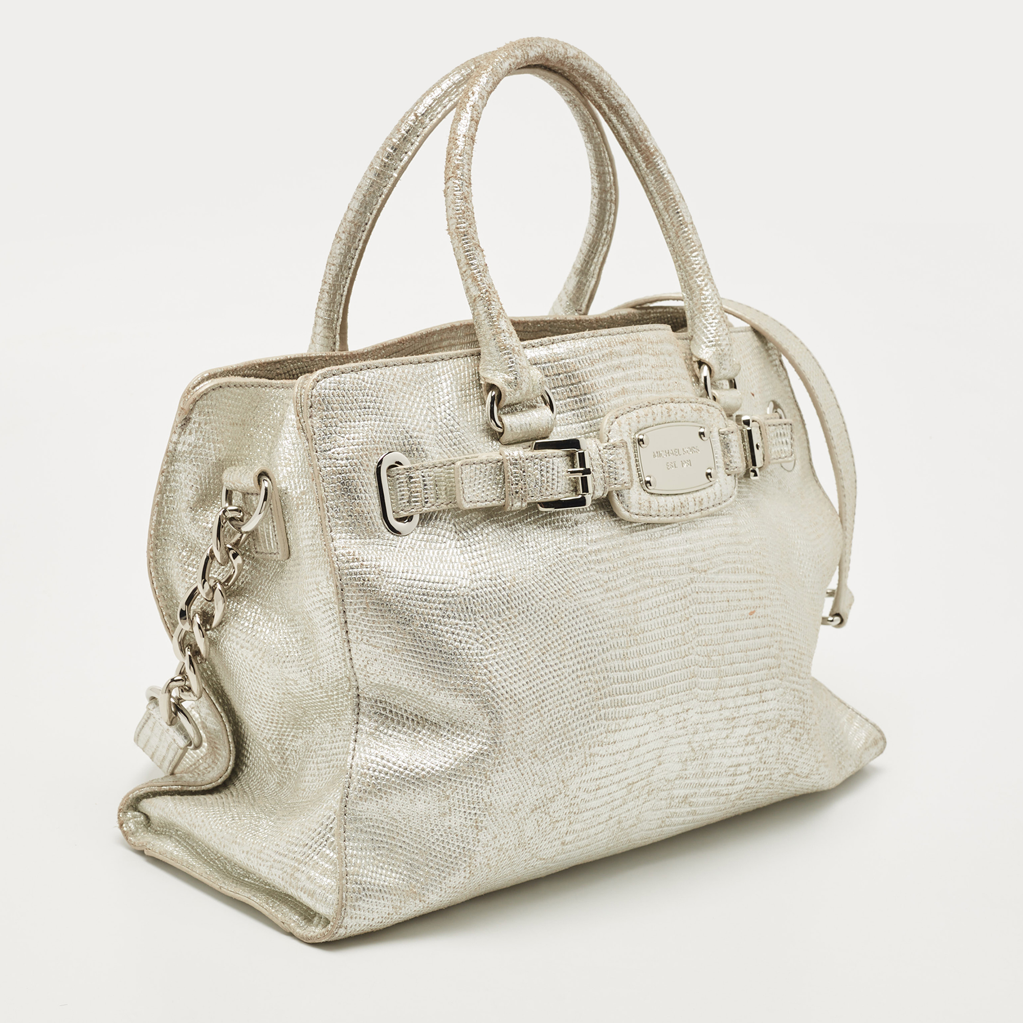 Michael Kors Silver Lizard Embossed Leather East West Hamilton Tote