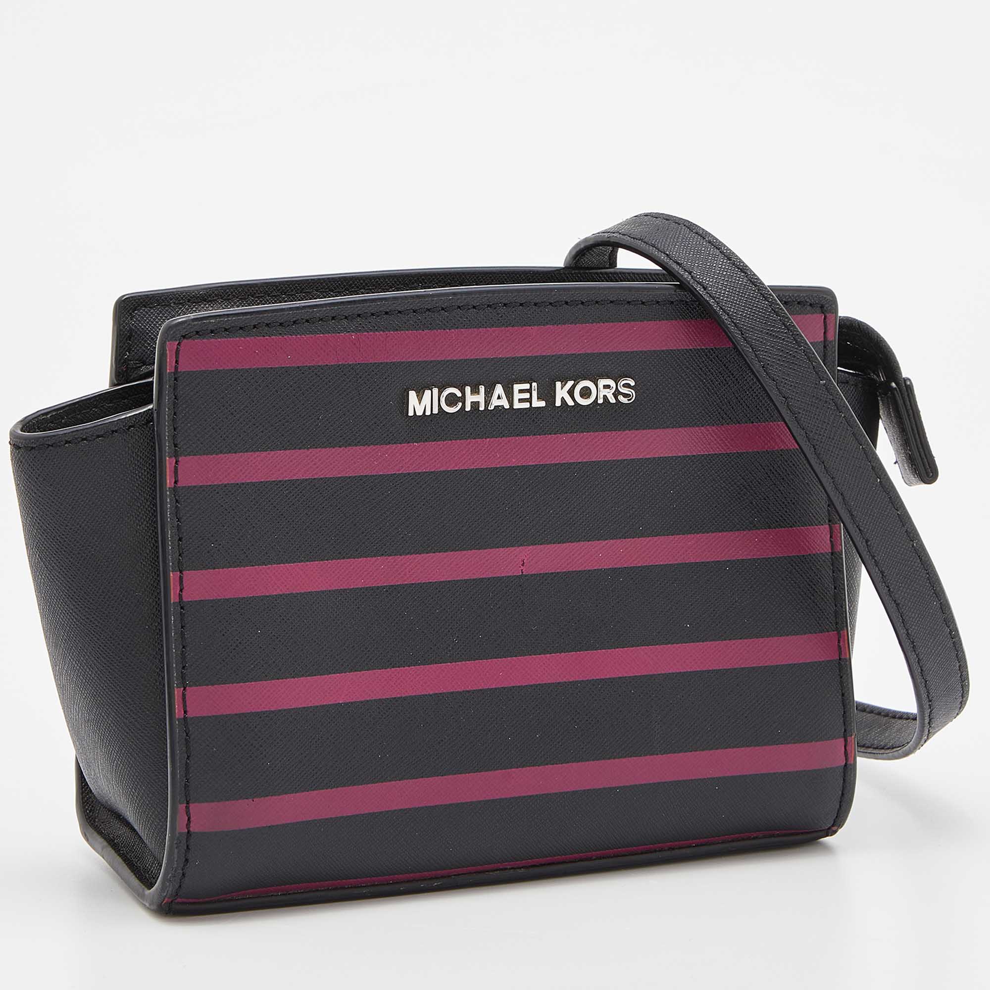 Michael Kors Black/Pink Saffiano Leather Mini Selma Crossbody Bag