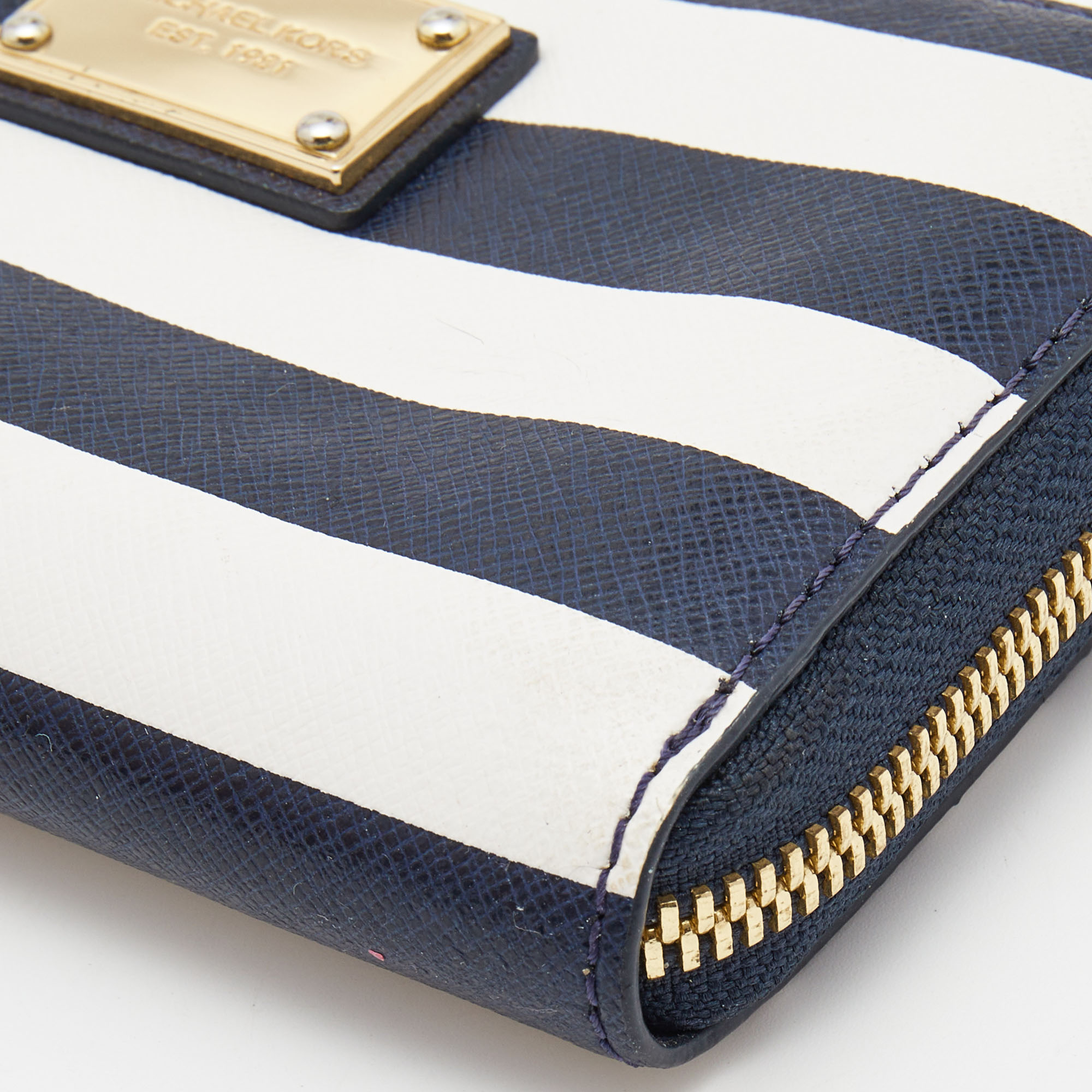 Michael Kors Blue/White Leather Striped Zip Around Wallet