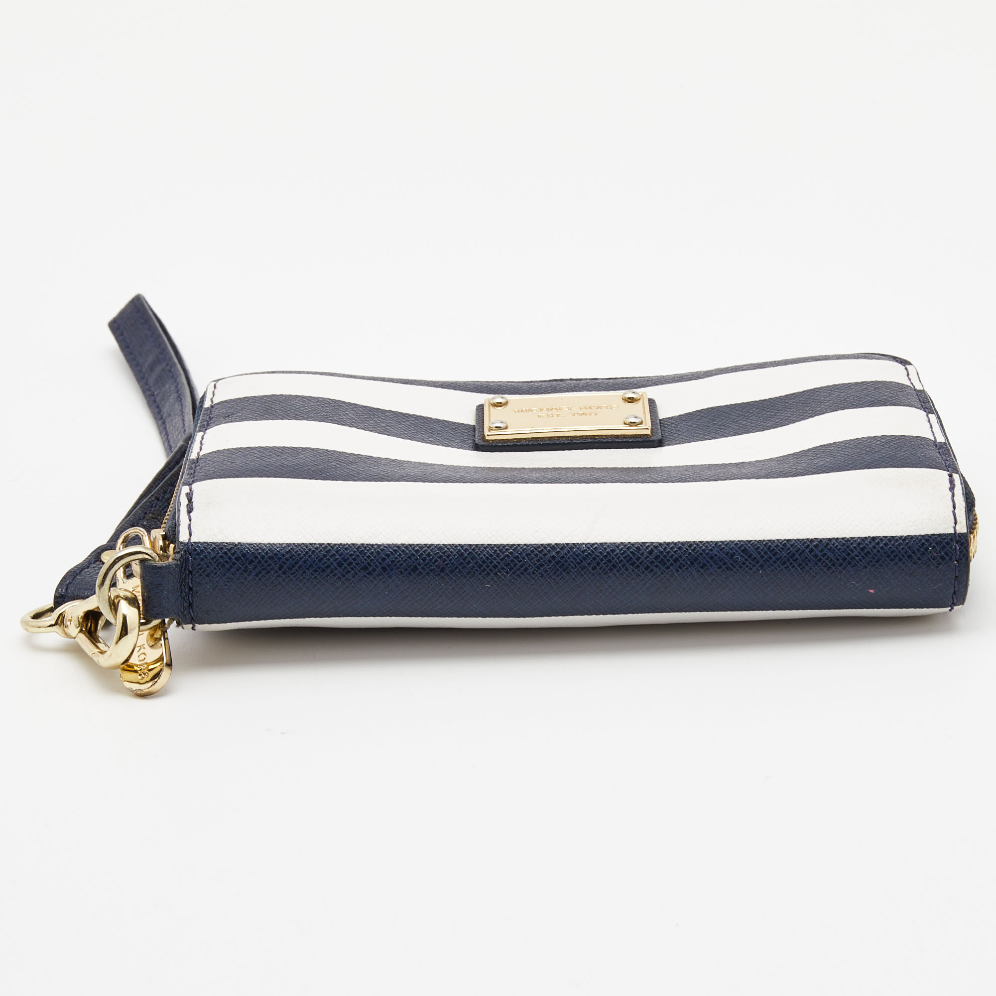 Michael Kors Blue/White Leather Striped Zip Around Wallet