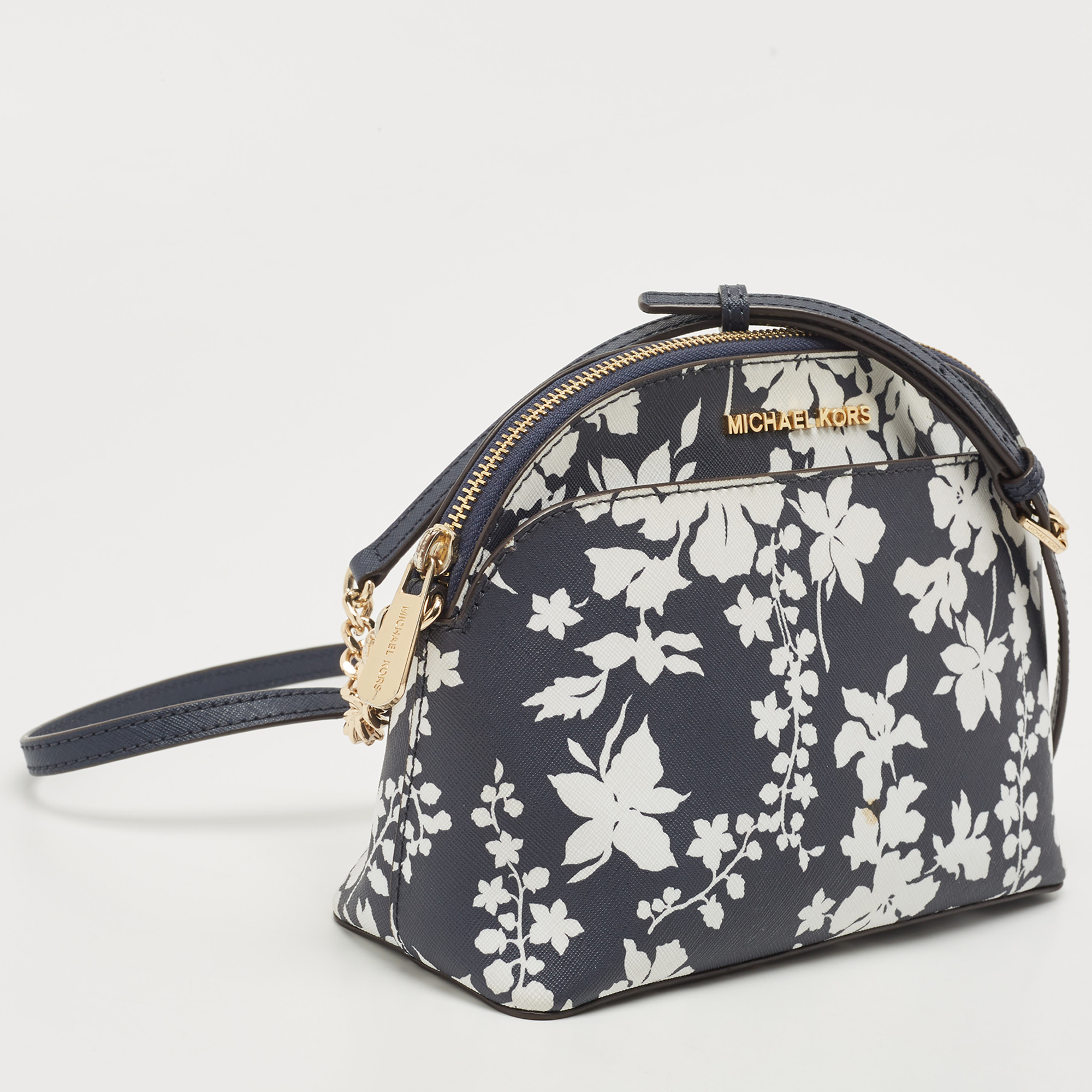 Michael Kors Navy Blue/White Leather Floral Dome Crossbody Bag