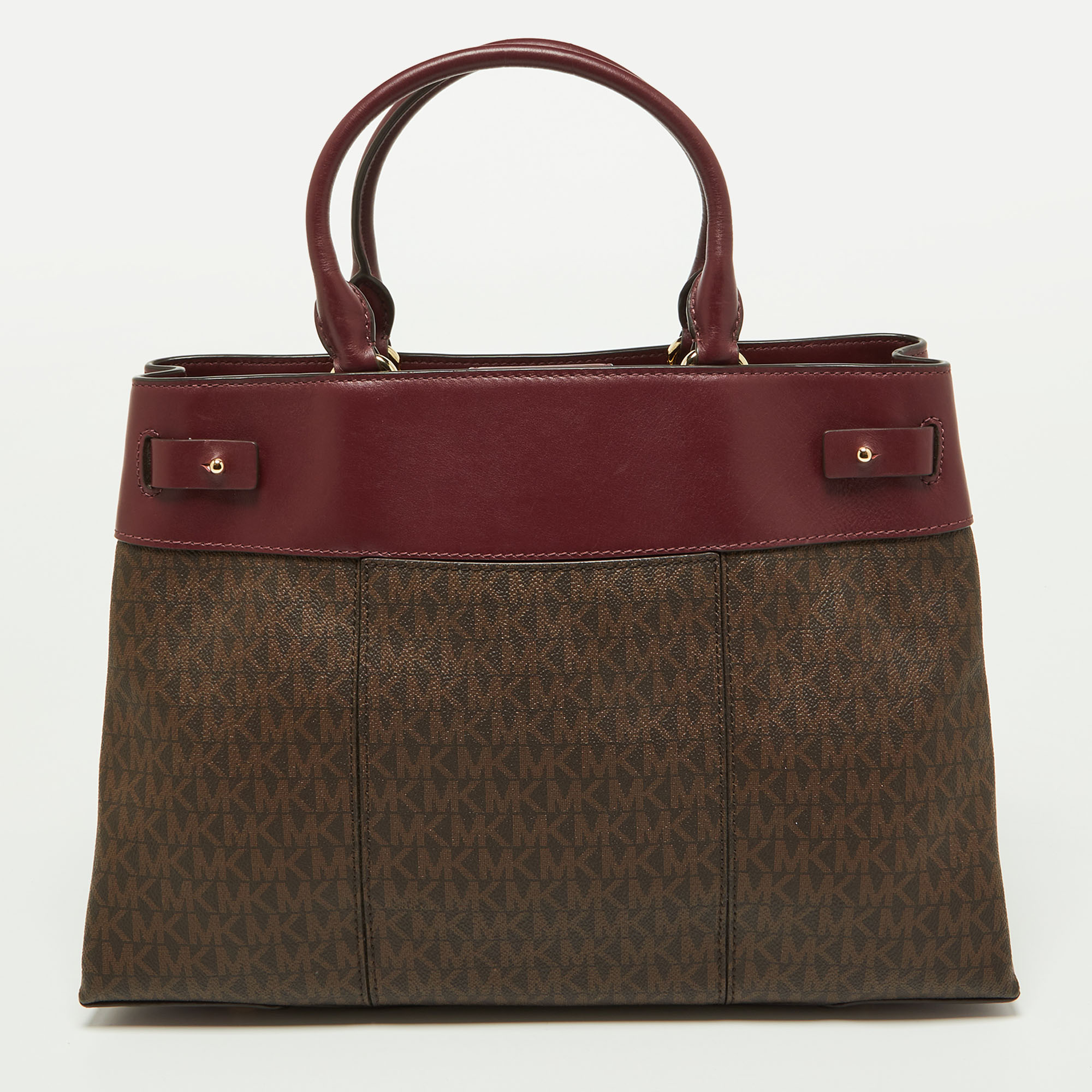Michael Kors Beige/Burgundy Signature Coated Canvas And Leather Gramercy Tote