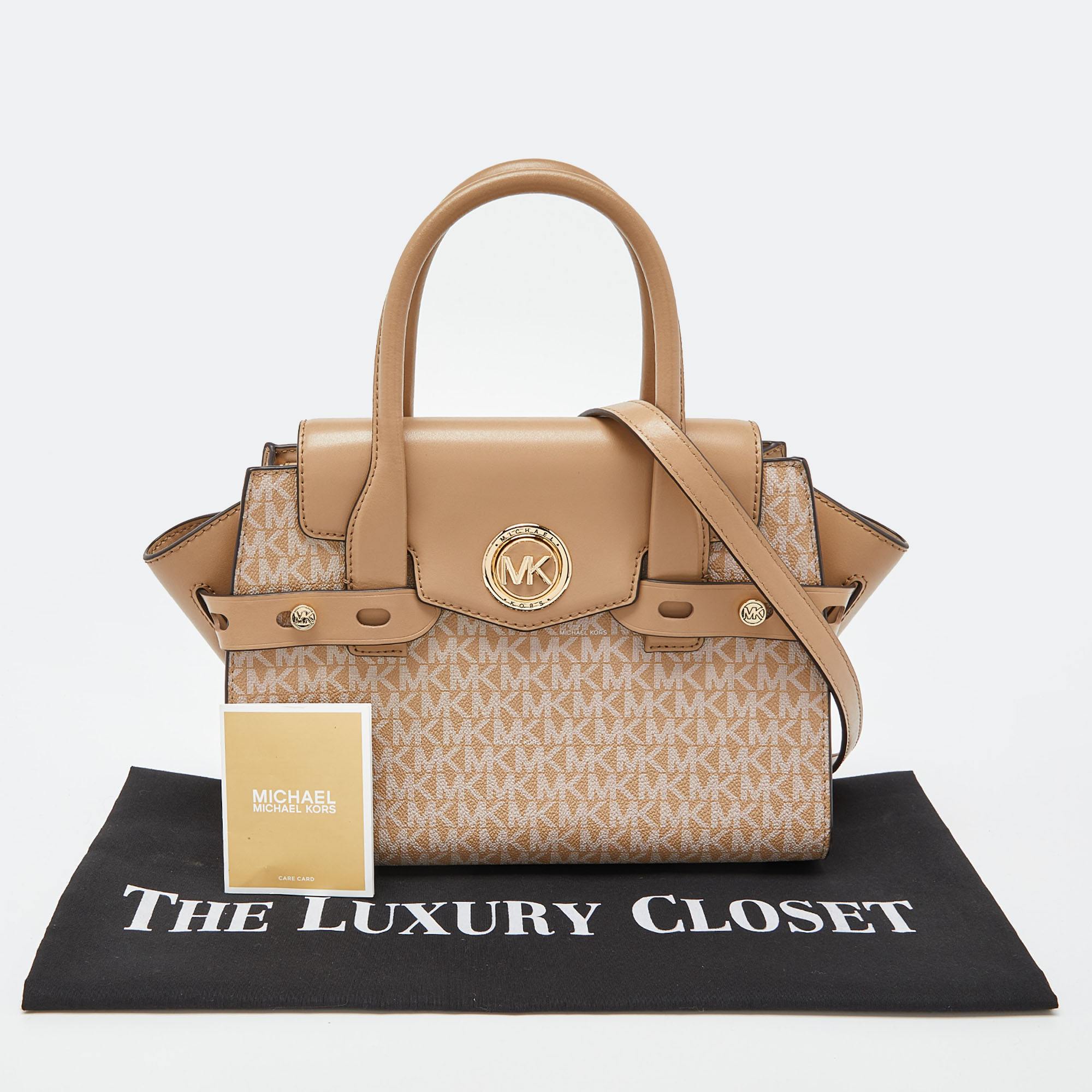 Michael Kors Beige Signature Coated Canvas And Leather Carmen Tote