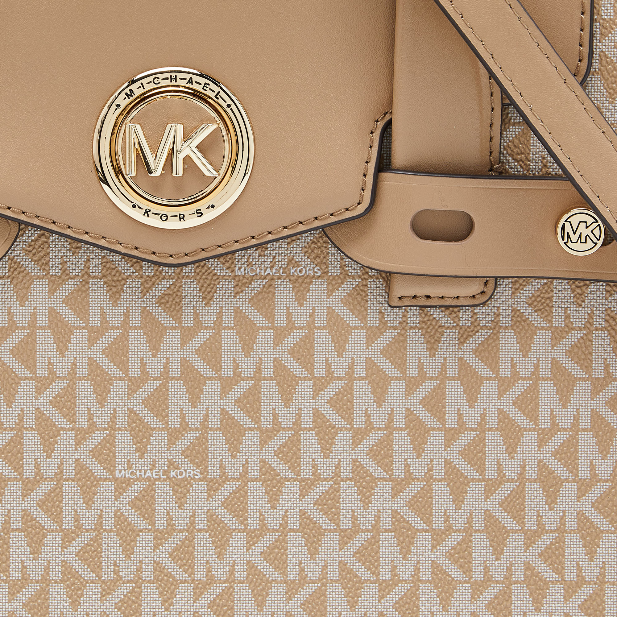 Michael Kors Beige Signature Coated Canvas And Leather Carmen Tote