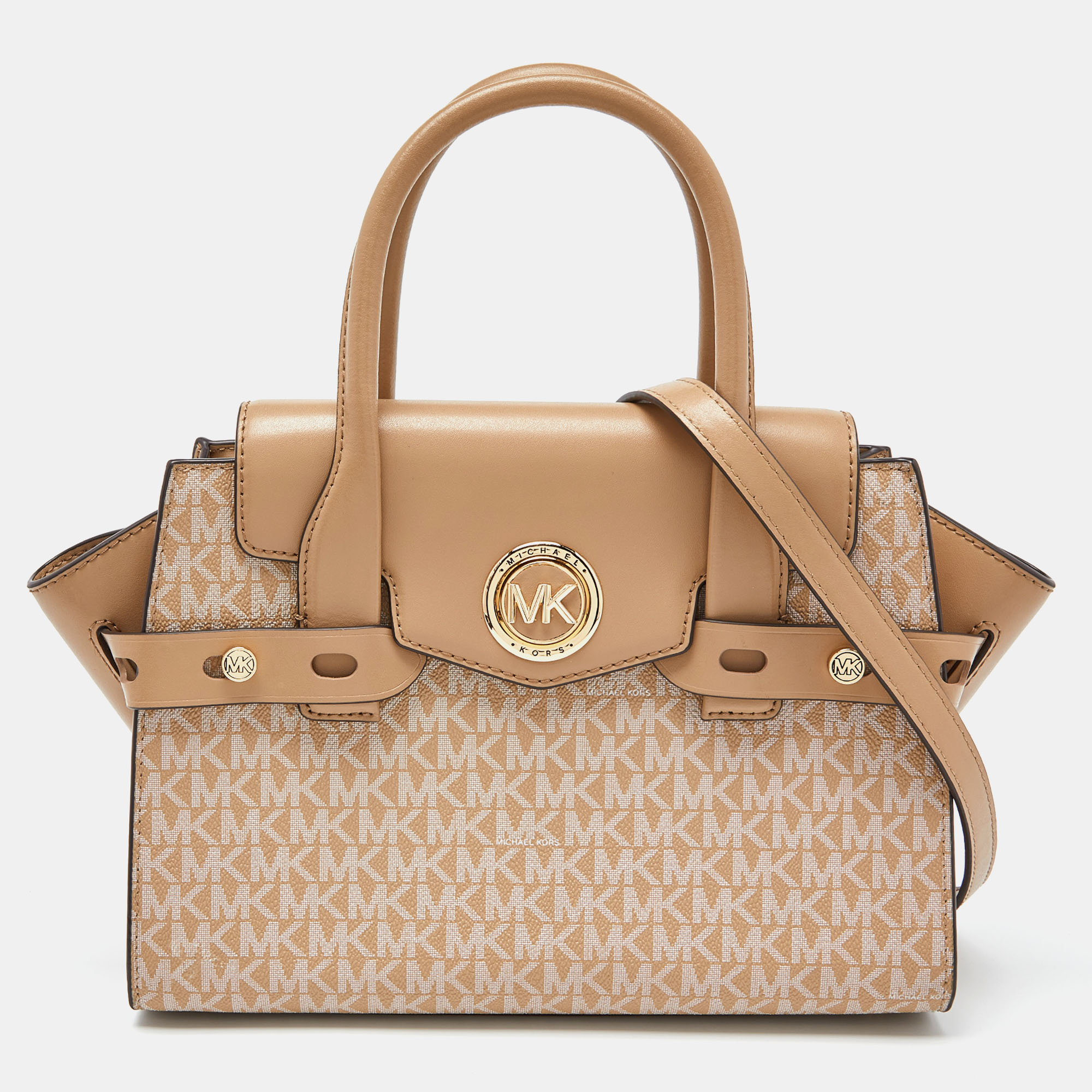 Michael kors beige signature coated canvas and leather carmen tote