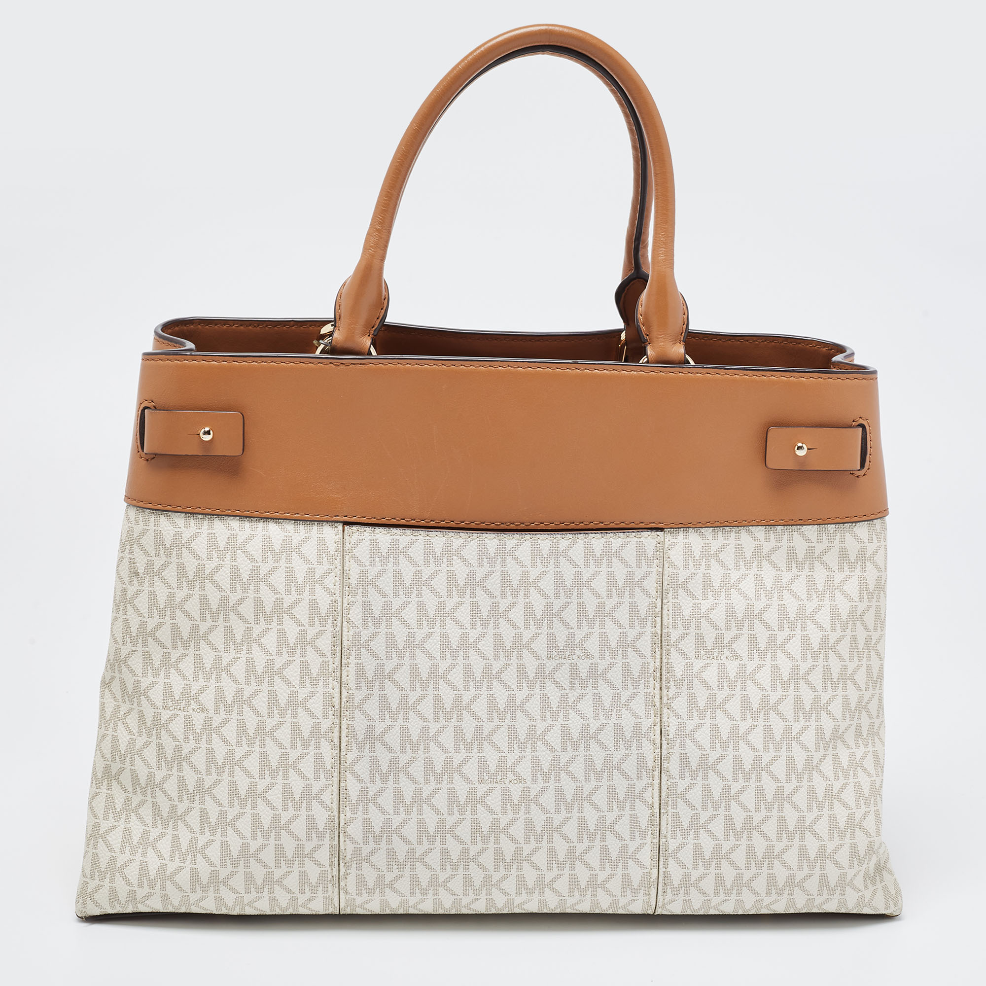 Michael Kors Beige/Tan Signature Coated Canvas And Leather Gramercy Tote