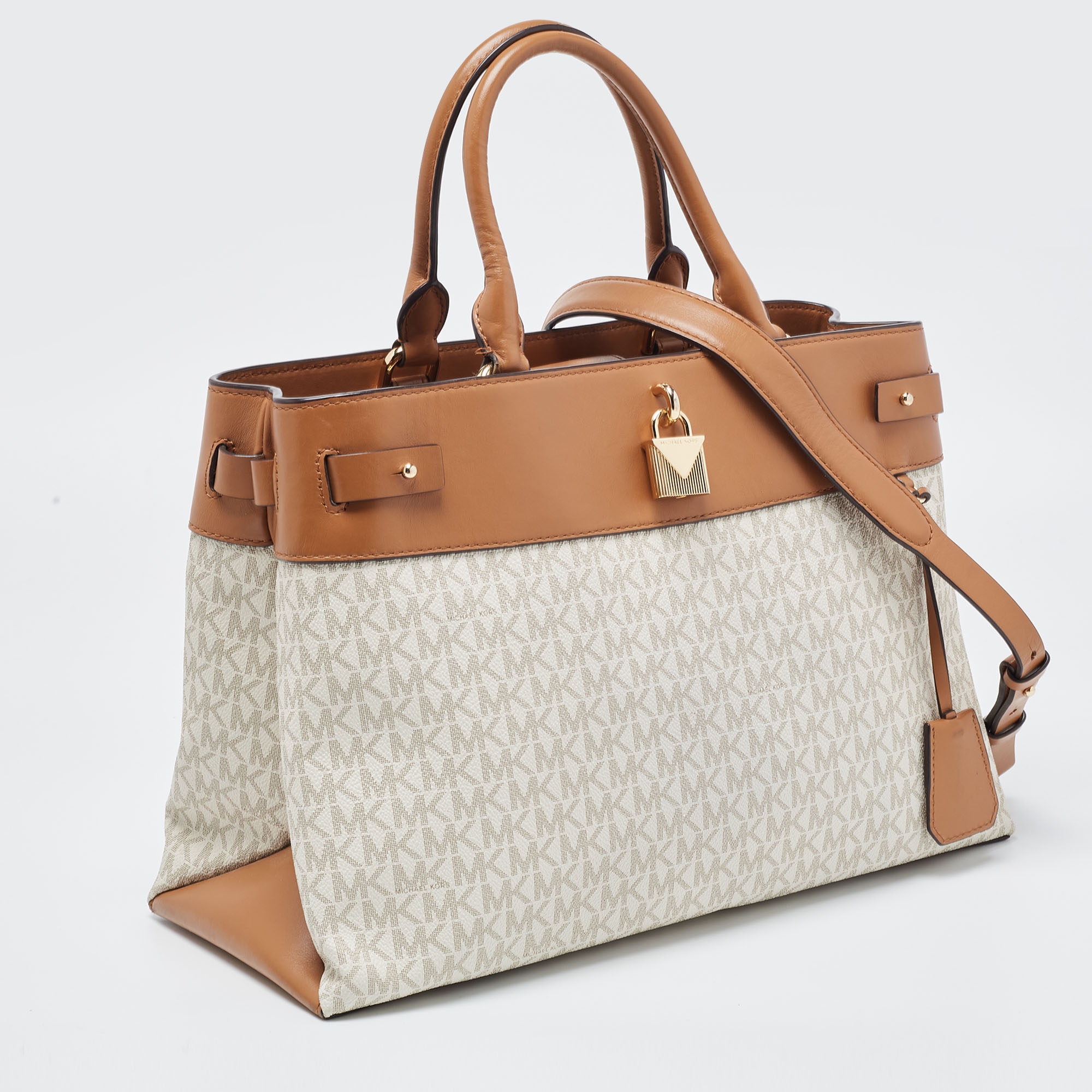 Michael Kors Beige/Tan Signature Coated Canvas And Leather Gramercy Tote