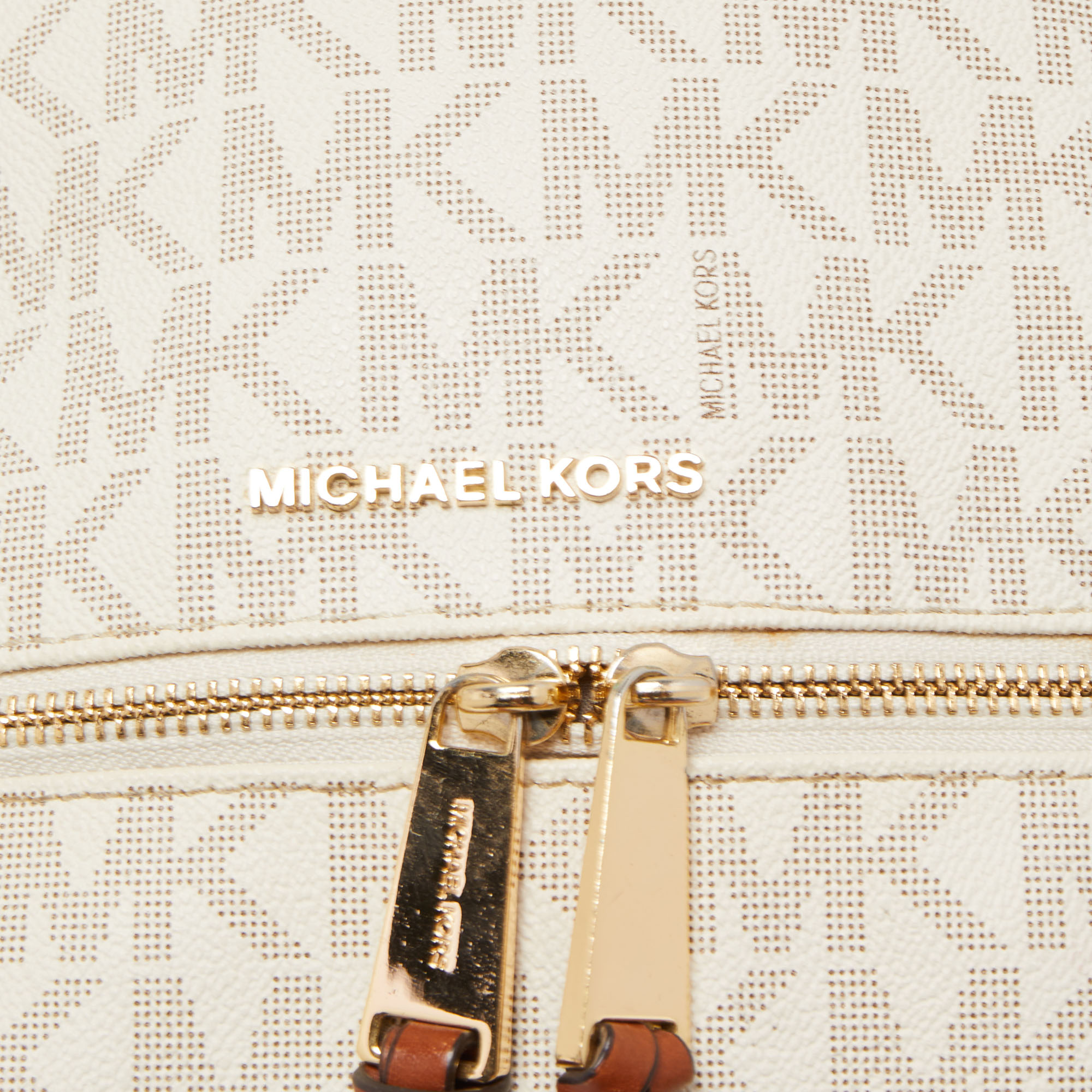Michael Kors White/Tan Signature Coated Canvas And Leather Rhea Backpack