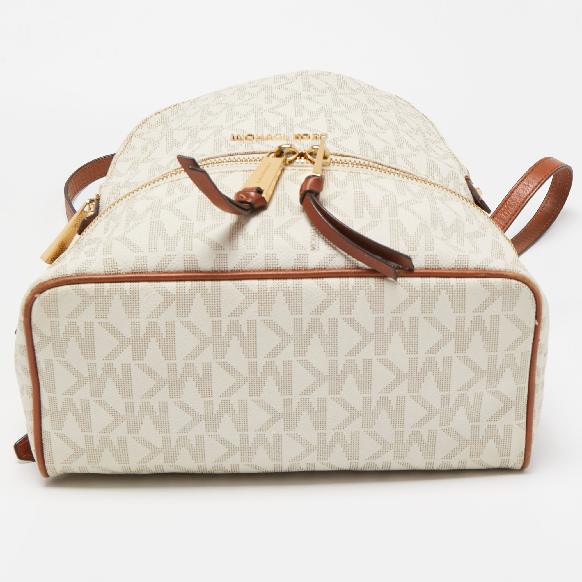 Michael Kors White/Tan Signature Coated Canvas And Leather Rhea Backpack