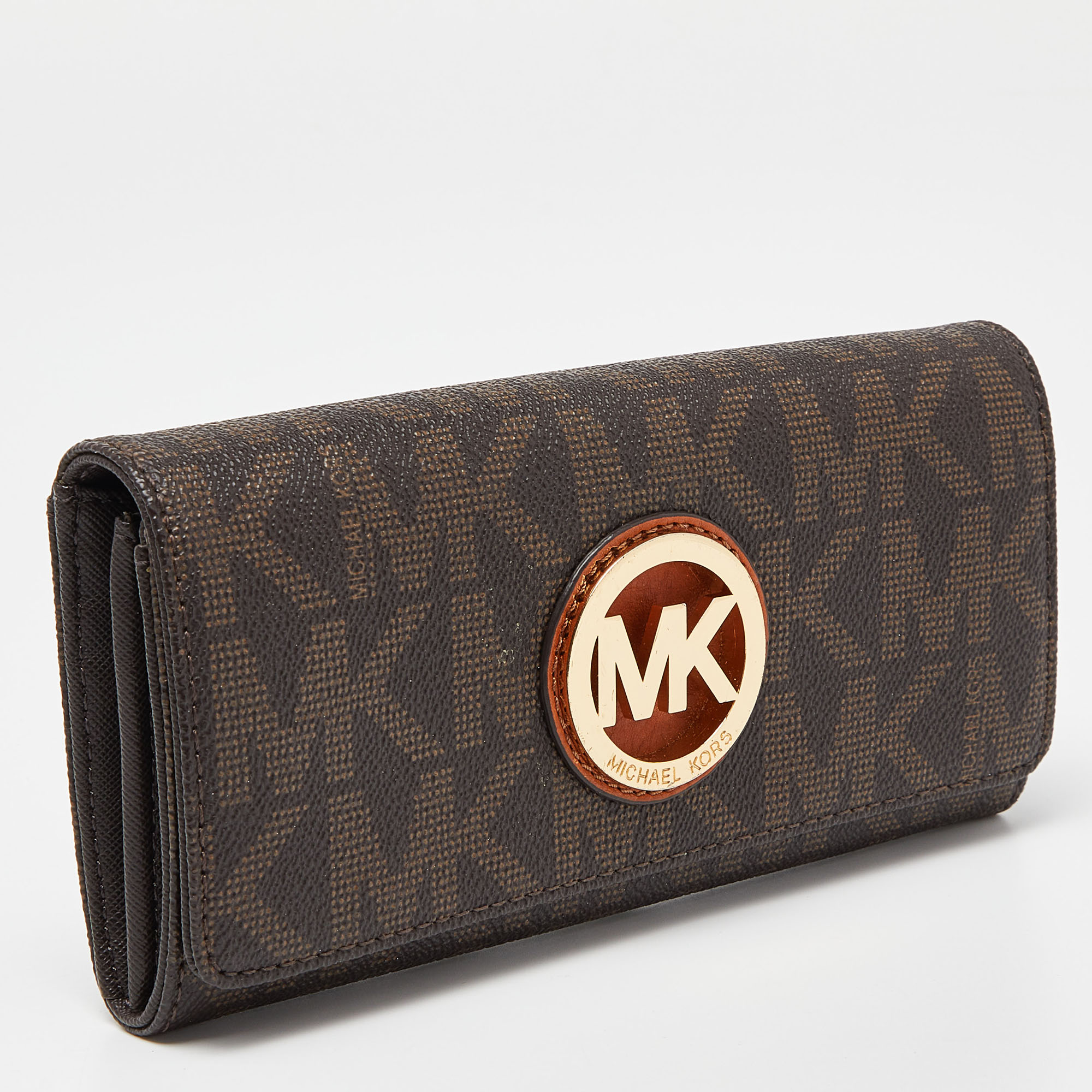 Michael Kors Beige/Brown Signature Coated Canvas Fulton Flap Continental Wallet