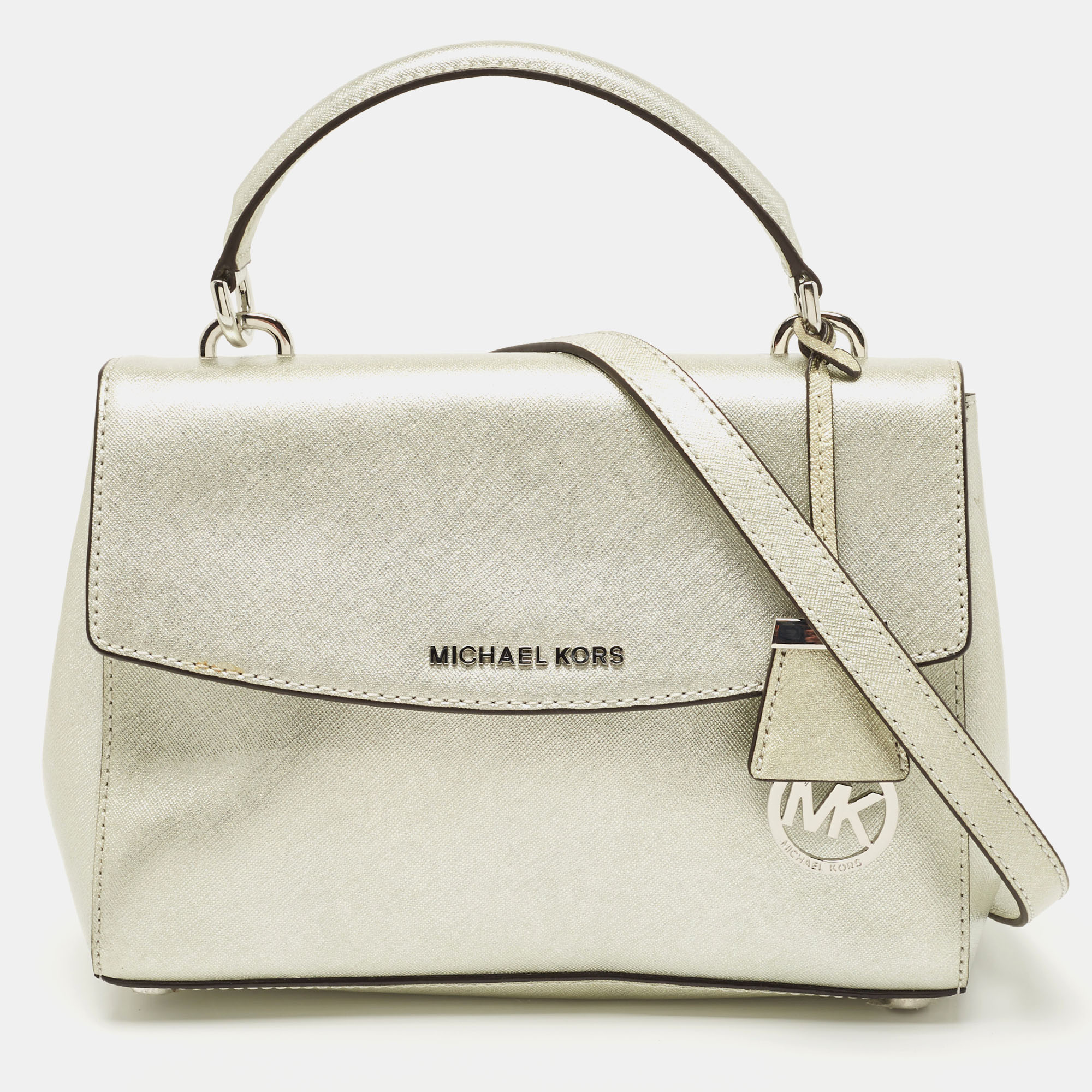Michael Kors Silver Saffiano Leather Small Ava Top Handle Bag