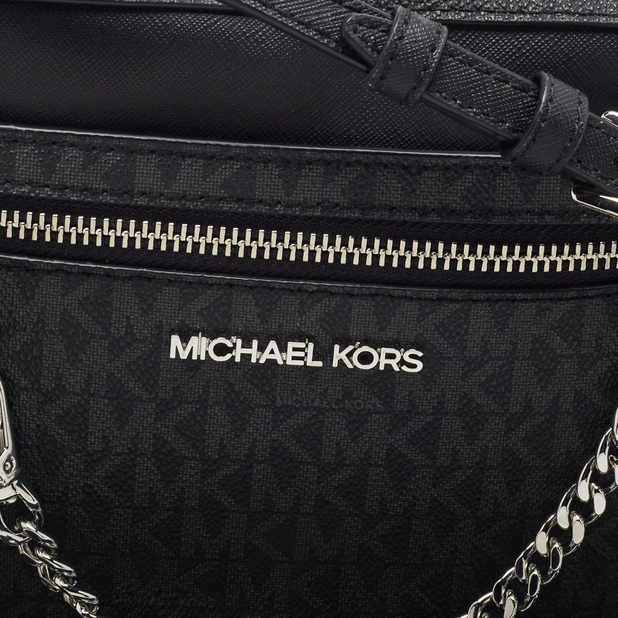 Michael Kors Black/Grey Signature Coated Canvas And Leather Jet Set Camera Crossbody Bag