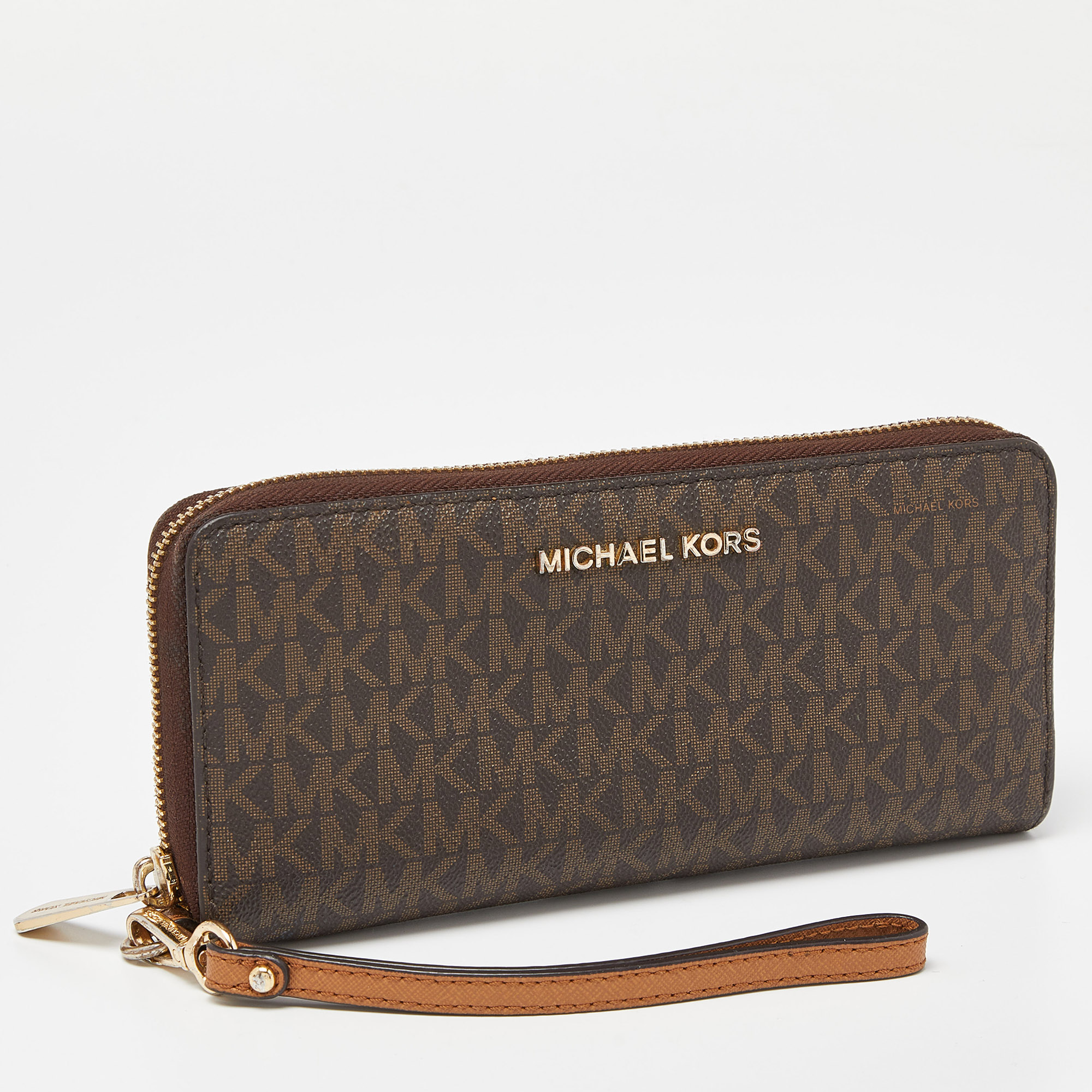 Michael Kors Brown Signature Coated Canvas Zip Around Continental Wallet