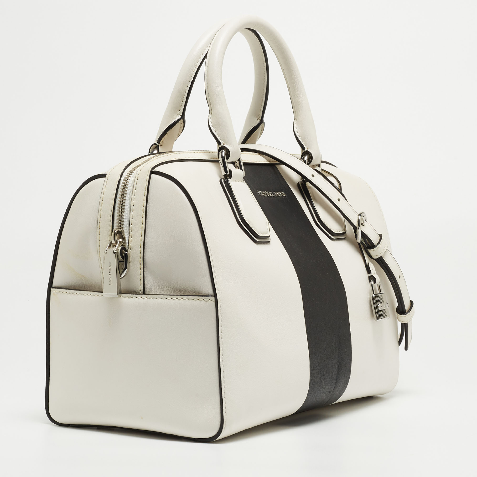 Michael Kors White/Black Leather Medium Center Stripe Mercer Duffle Bag