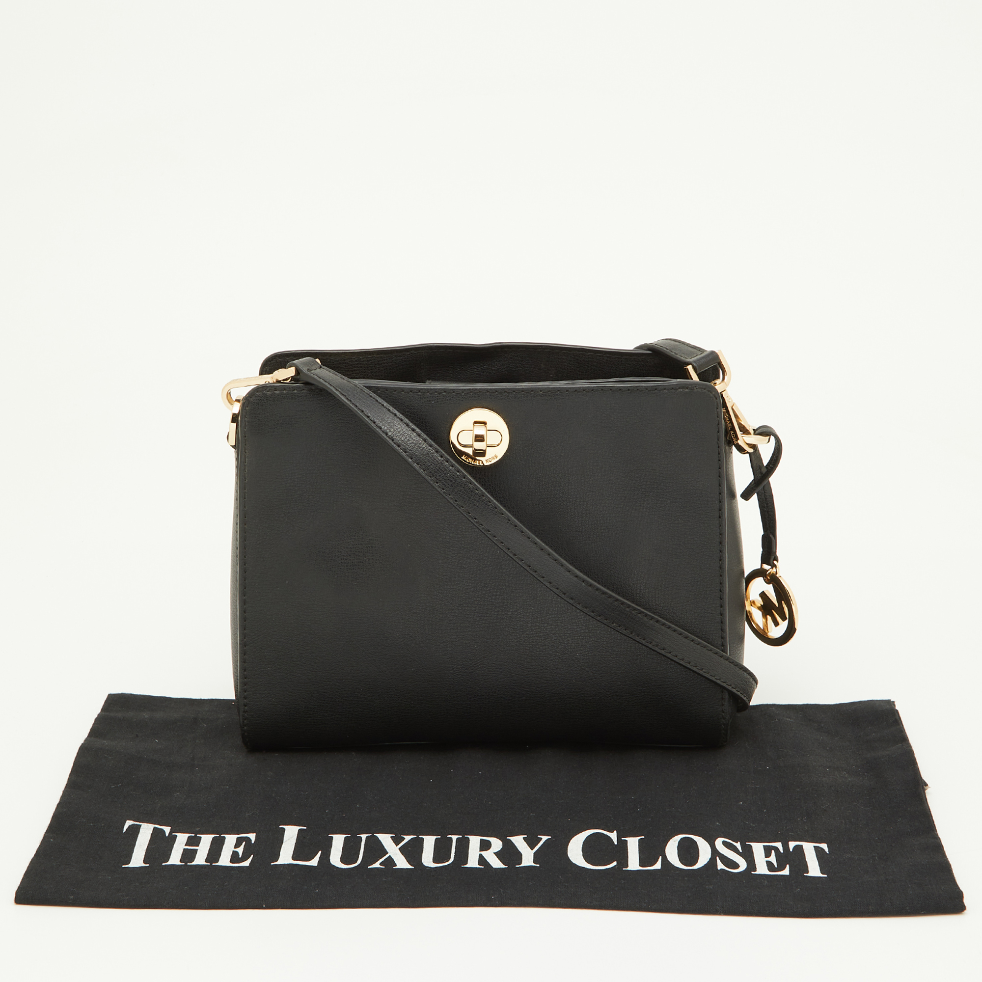 Michael Korse Black Leather Turnlock Crossbody Bag