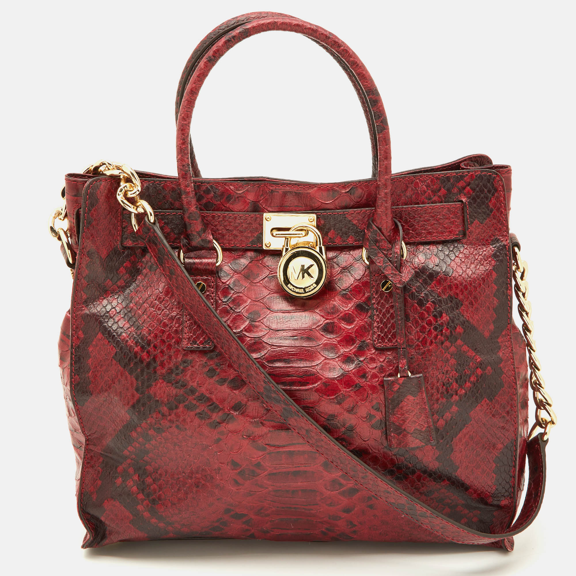 Michael Kors Red/Black Python Embossed Leather Large Hamilton North South Tote