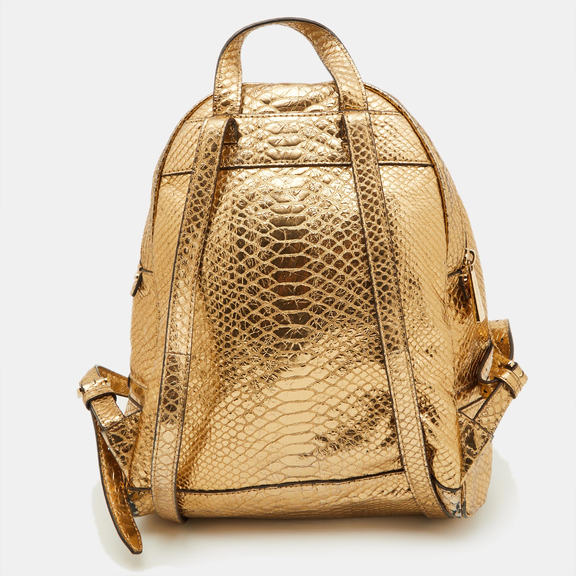 Michael Kors Metallic Gold Python Embossed Leather Small Rhea Backpack