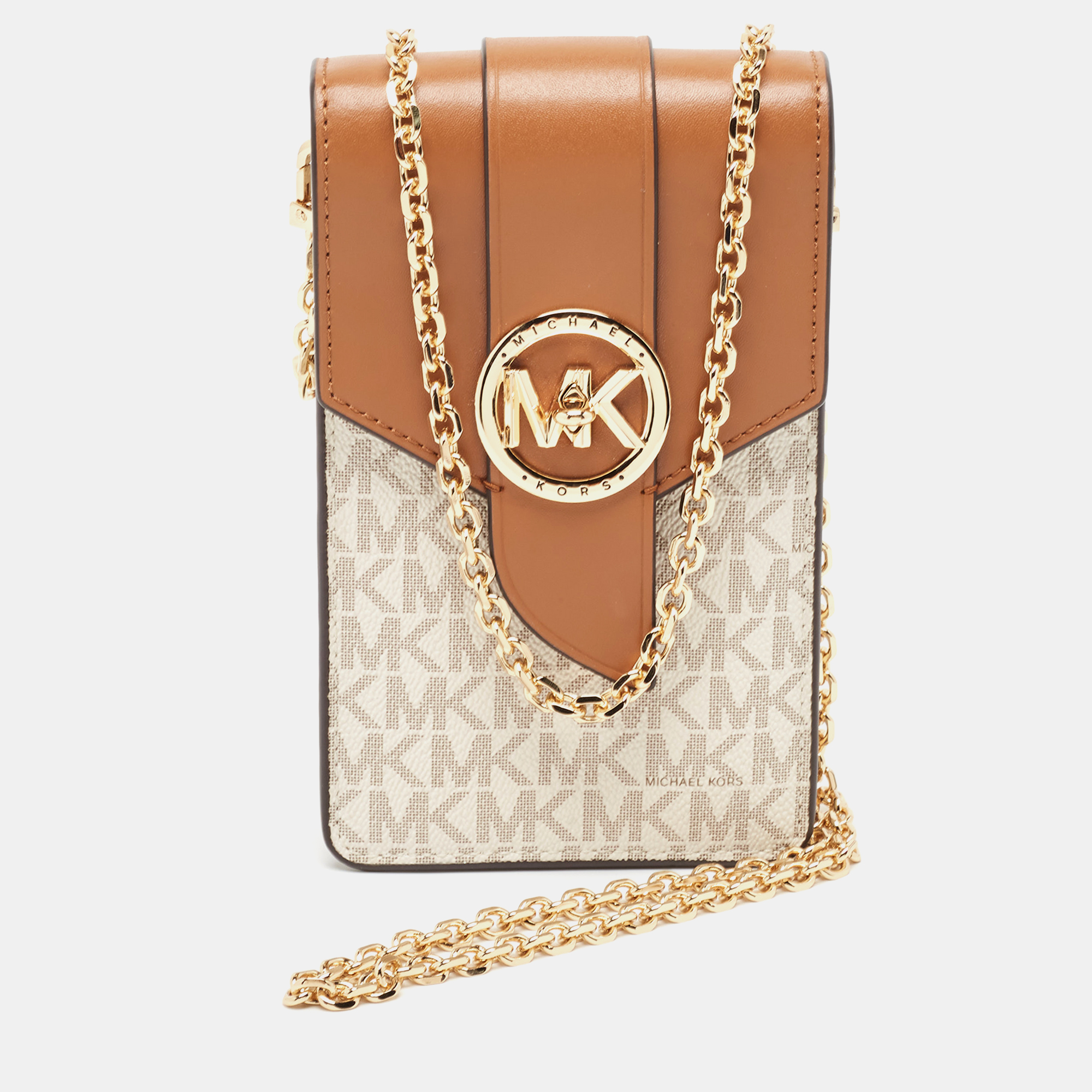 Michael Kors Brown/Off White Signature Coated Canvas And Leather Carmen Phone Crossbody Bag