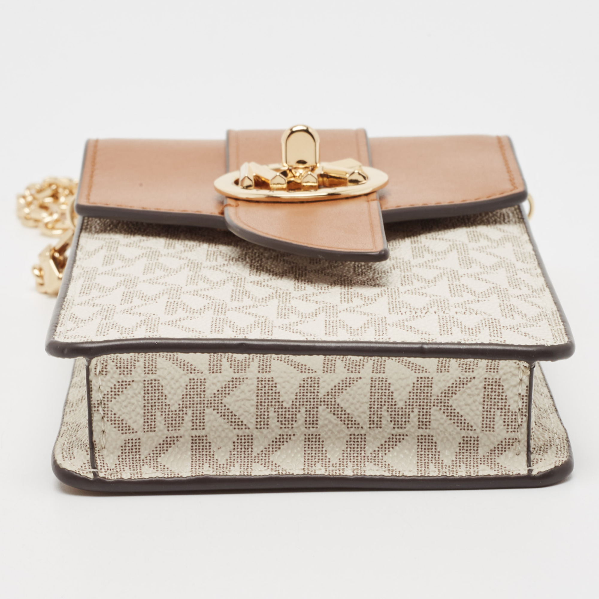 Michael Kors Brown/Off White Signature Coated Canvas And Leather Carmen Phone Crossbody Bag