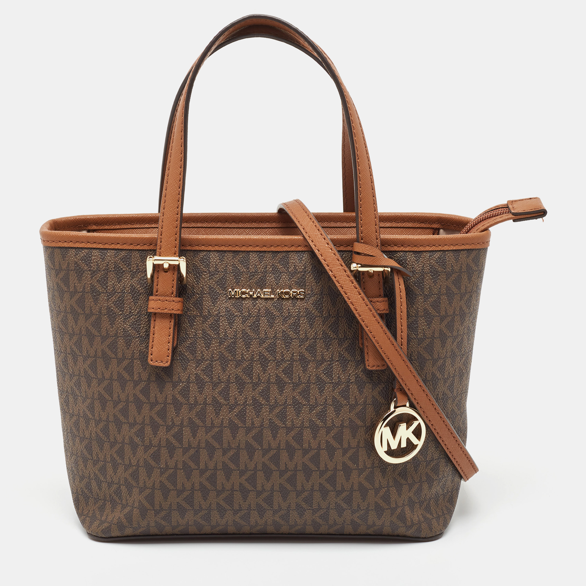 Michael Kors Brown Signature Coated Canvas And Leather Jet Set Carryall Tote