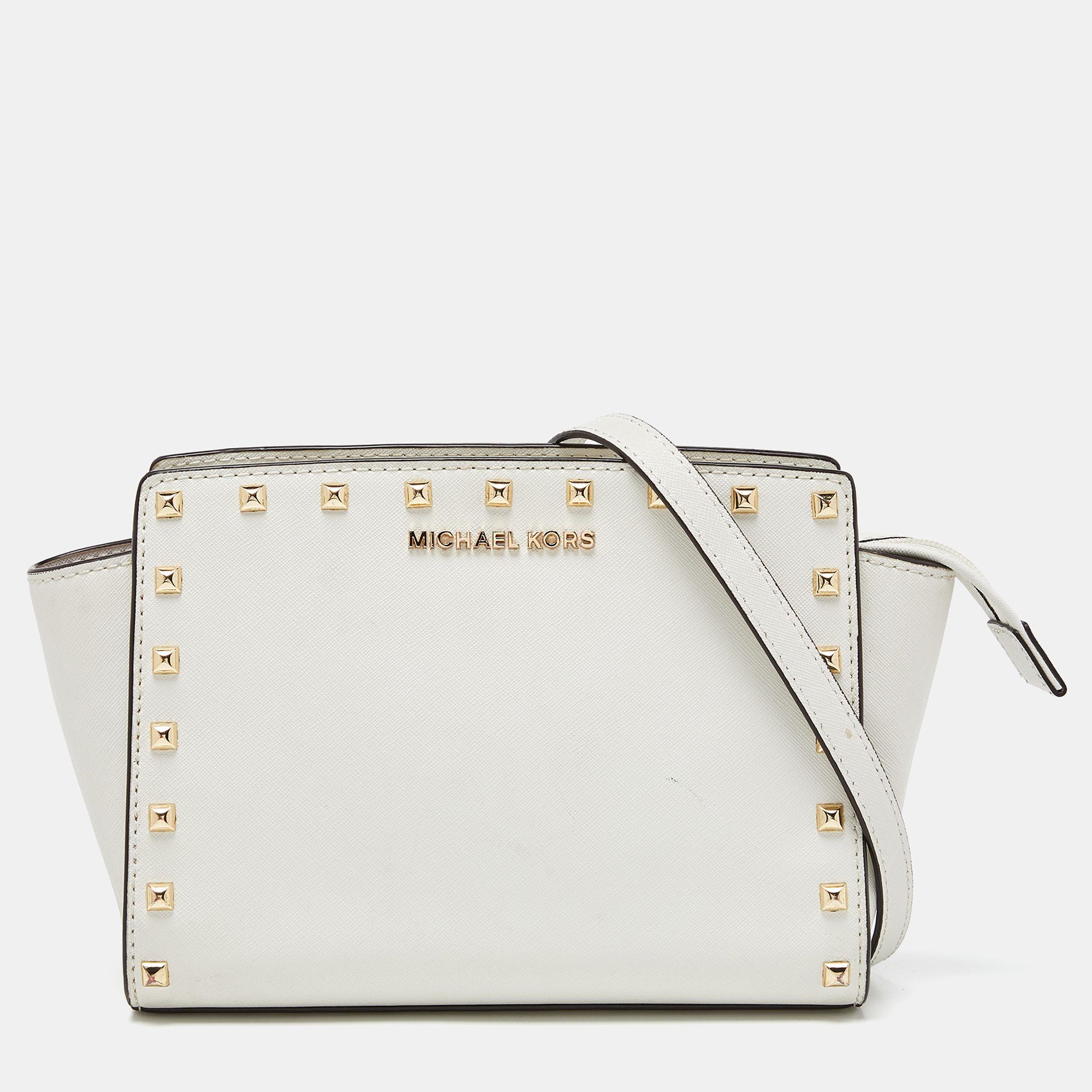 Michael kors white saffiano studded leather small selma crossbody bag