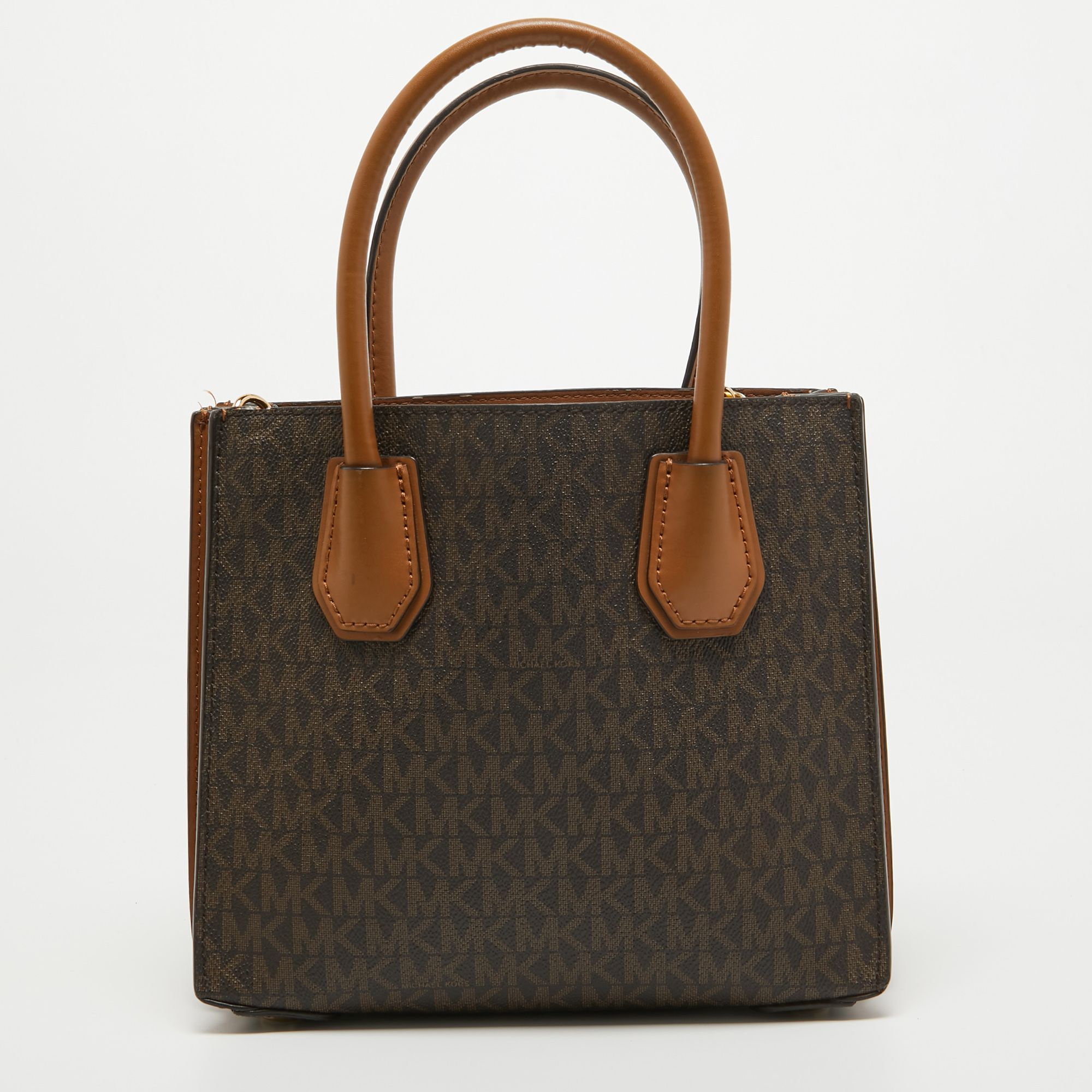 Michael Kors Two Tone Brown Signature Coated Canvas Small Mercer Tote