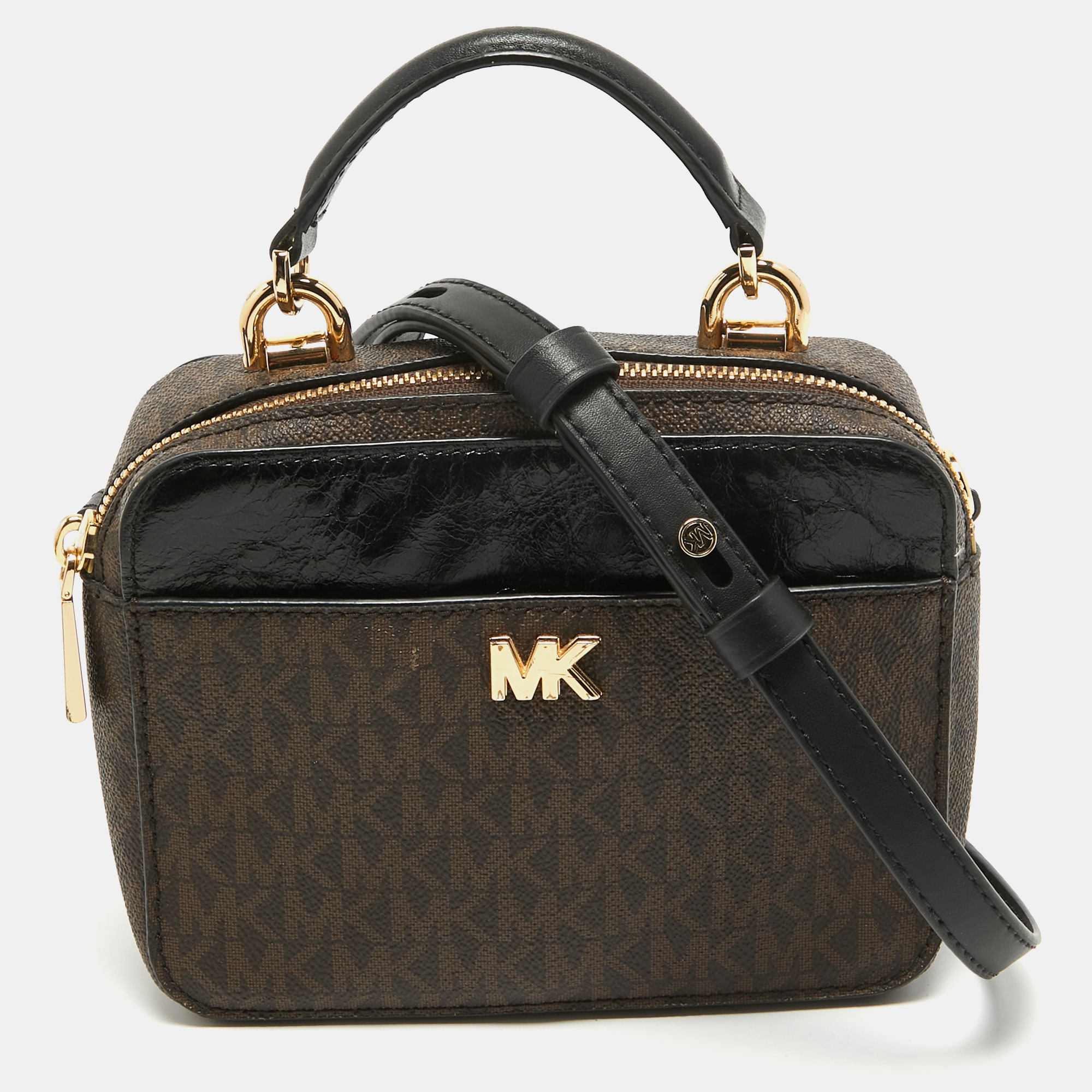 Michael kors brown/black signature coated canvas and leather top handle bag